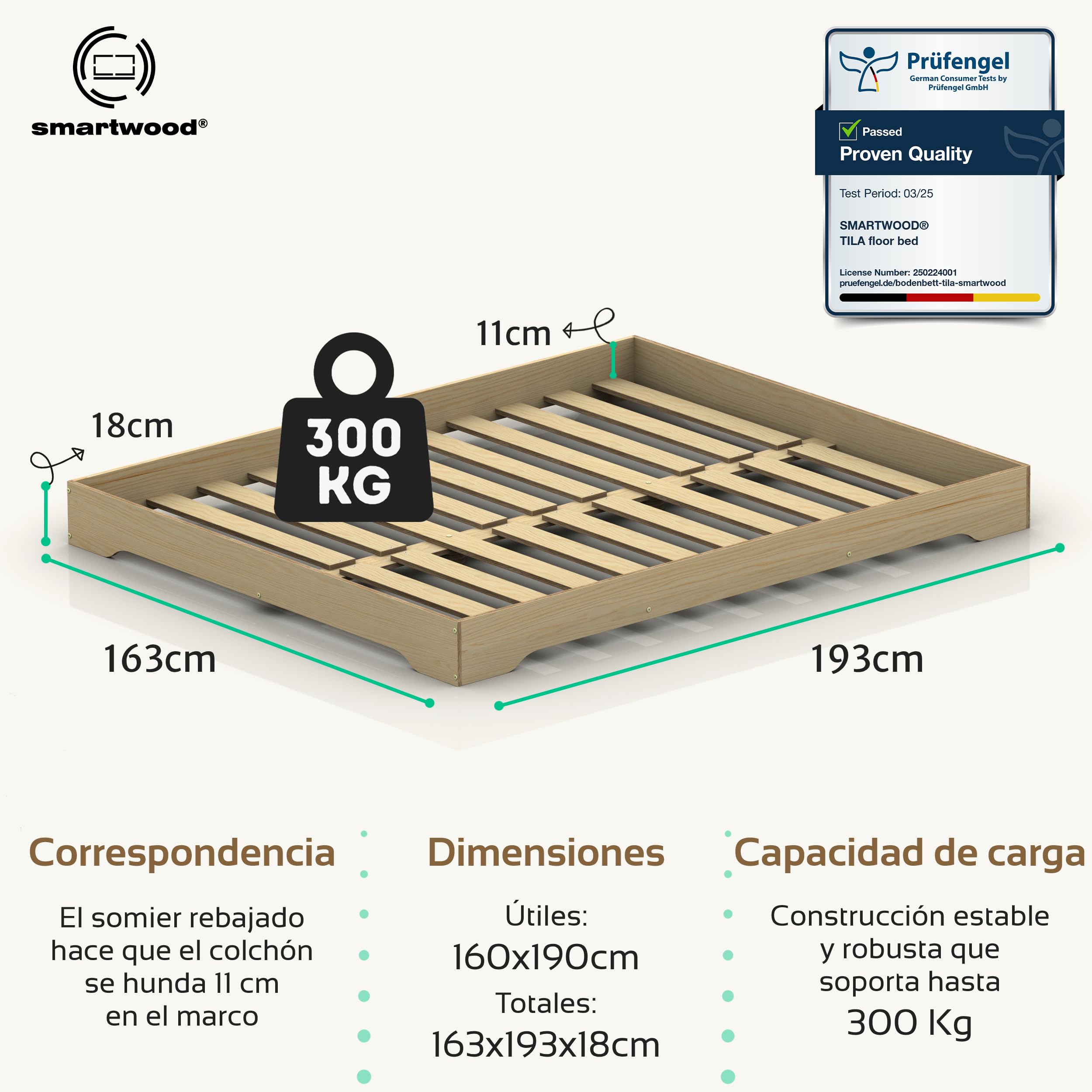 smartwood Cama 160x190 cm con Somier, de Madera, Madera, TILA 7 | Cama matrimonio, contrachapado de pino FSC, carga 300 kg, montaje fácil, bordes redondeados, estilo escandinavo
