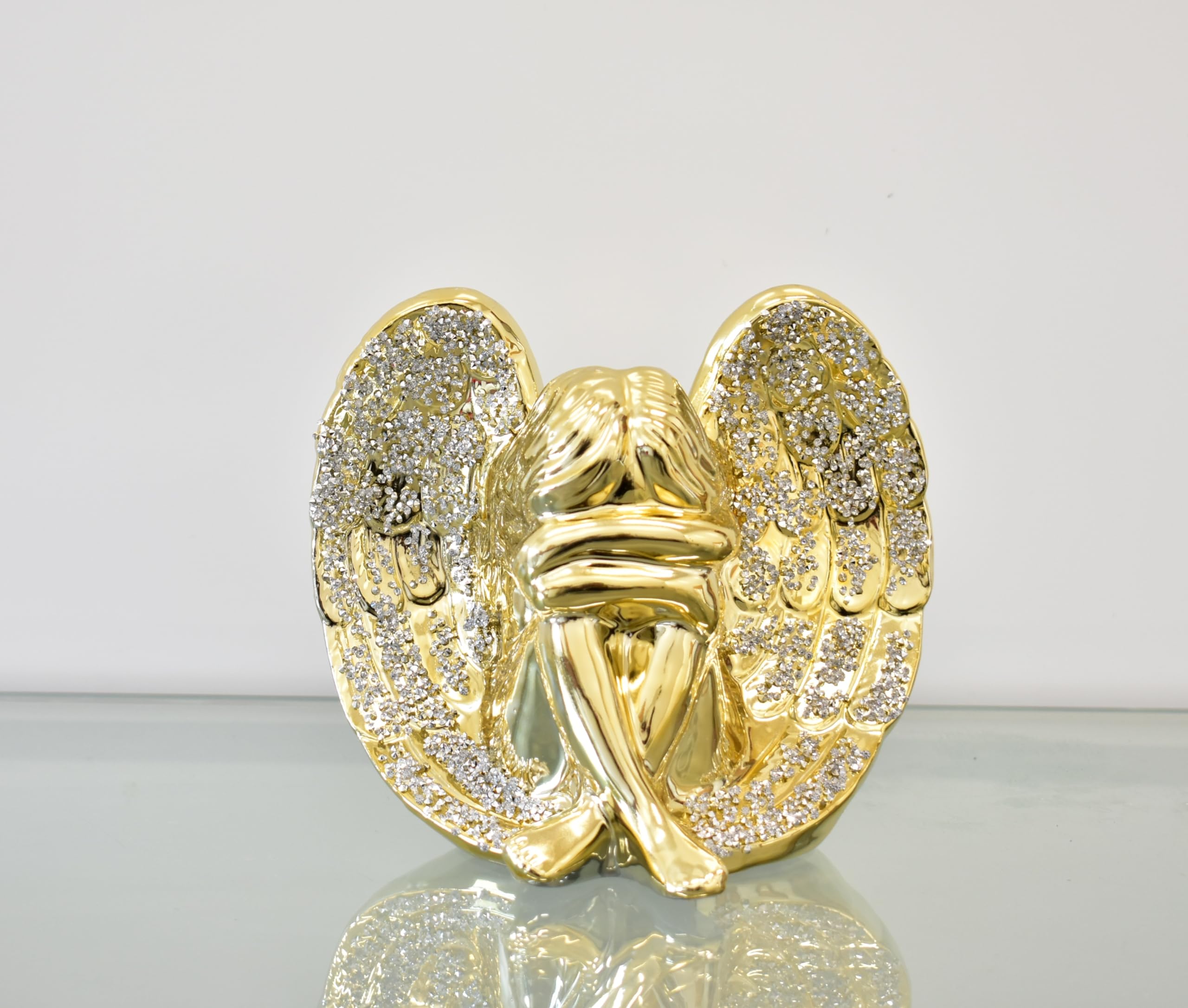 DEENZ BEAUTIFUL ANGEL WITH WINGS SPARKLE BLING ORNAMENT CRUSHED DIAMOND HOME DECOR GIFT (Gold)