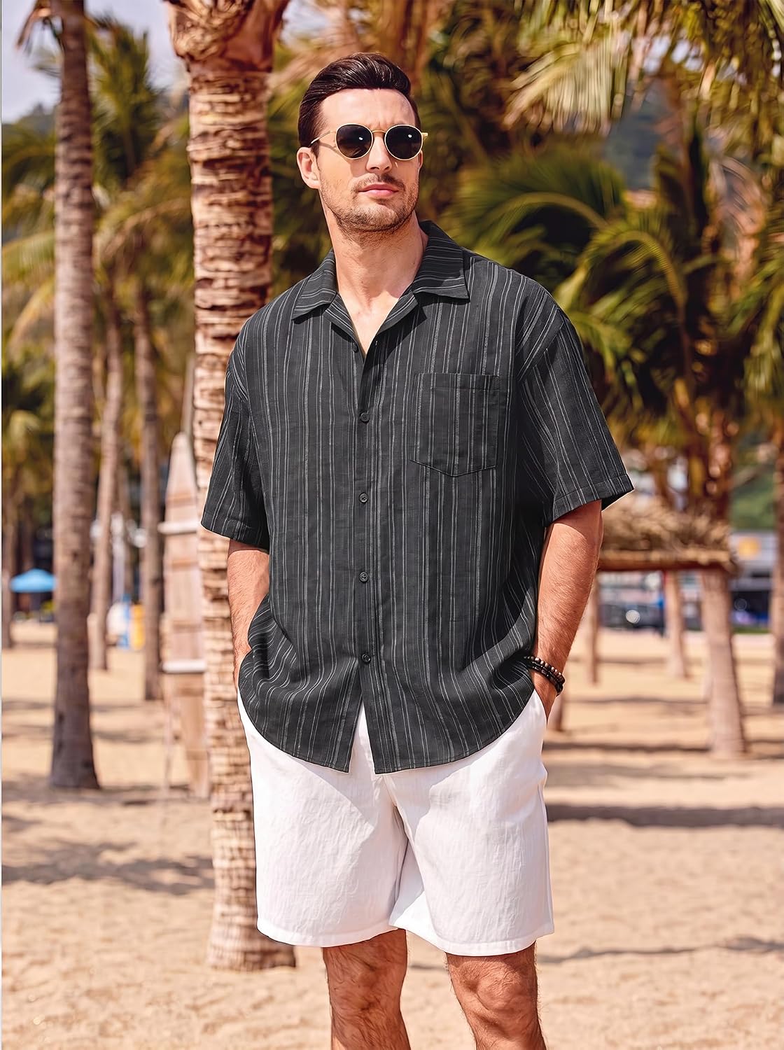 Men's Striped Short Sleeve Button Up Shirt Casual Summer Top