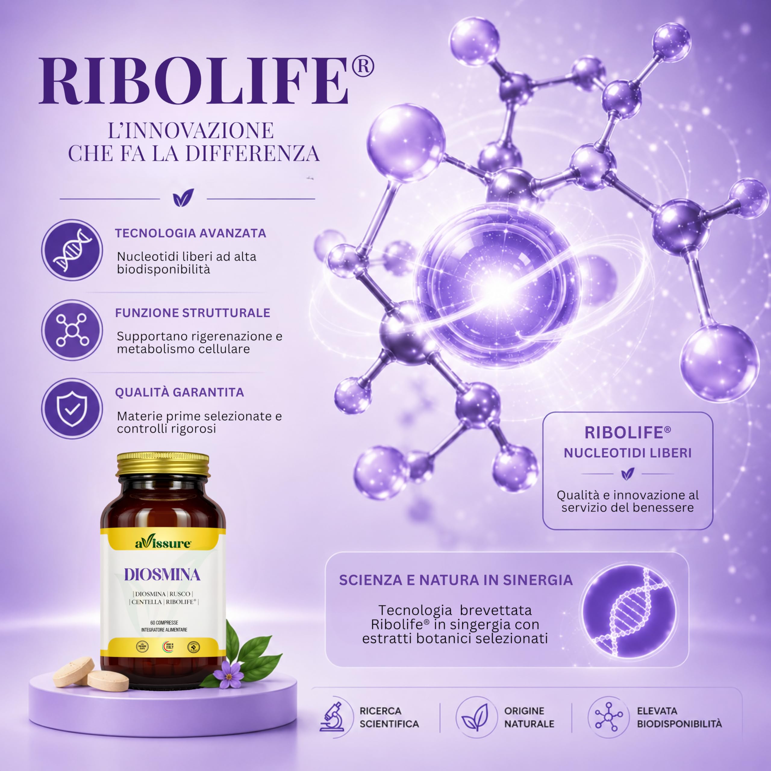 Diosmina 600mg avissure, Integratore Microcircolo e Circolazione Venosa, con Rusco e Centella, Supporto Gambe Pesanti e Benessere Vascolare, con Ribolife®, 60 Compresse, Senza Glutine, Lattosio, OGM