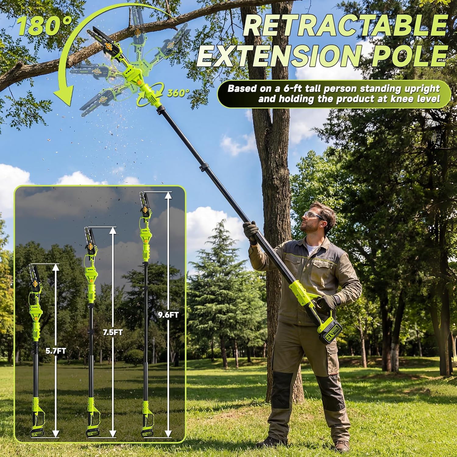 Pole Saws for Tree Trimming, 8" Brushless Mini Chainsaw with Extension Pole, 16FT Max Extendable Reach Extension Pole for Outdoors Trimming Pruning with 2×Batteries, 2-in-1 Design