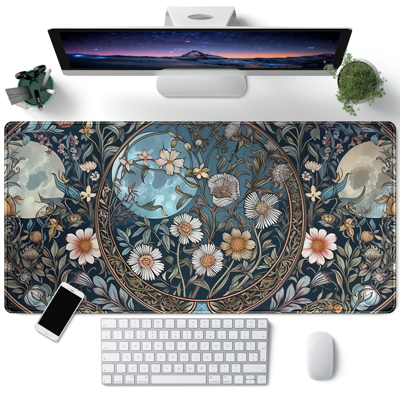 Tarot Triple Moon Desk Mat Retro Aesthetic Desk Pad Daisy Vintage Floral Extended Mouse Pad Large Gaming Mousepad XXL Laptop Computer Mouse Keyboard