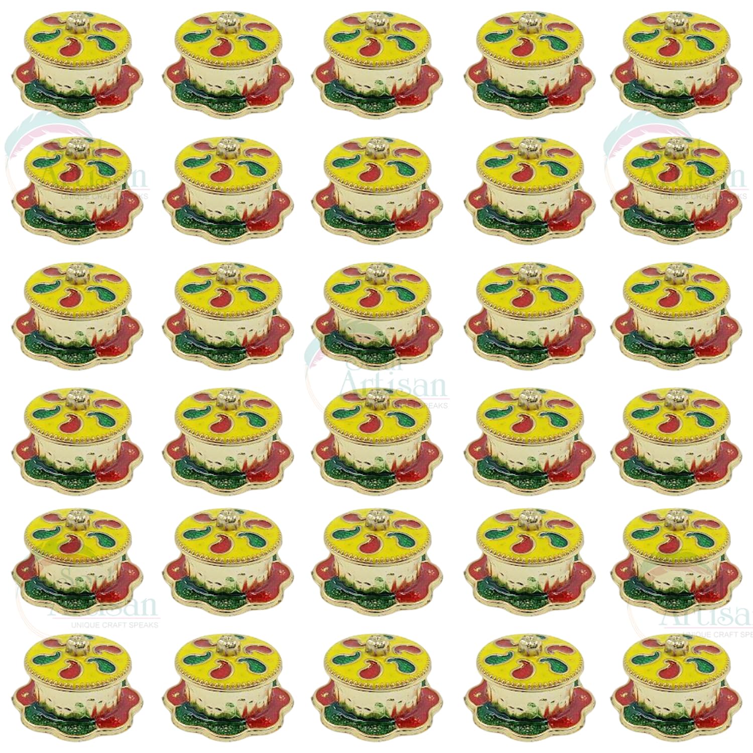 Soul Artisan Round Mango Design Single Kumkuma Holder Chimil Box - Plastic Golden Metallic Color(Pack of 30) - Decorative Design Tilak Daani, Sindoor for Women Return Gift, Diwali, Weddings, Pooja