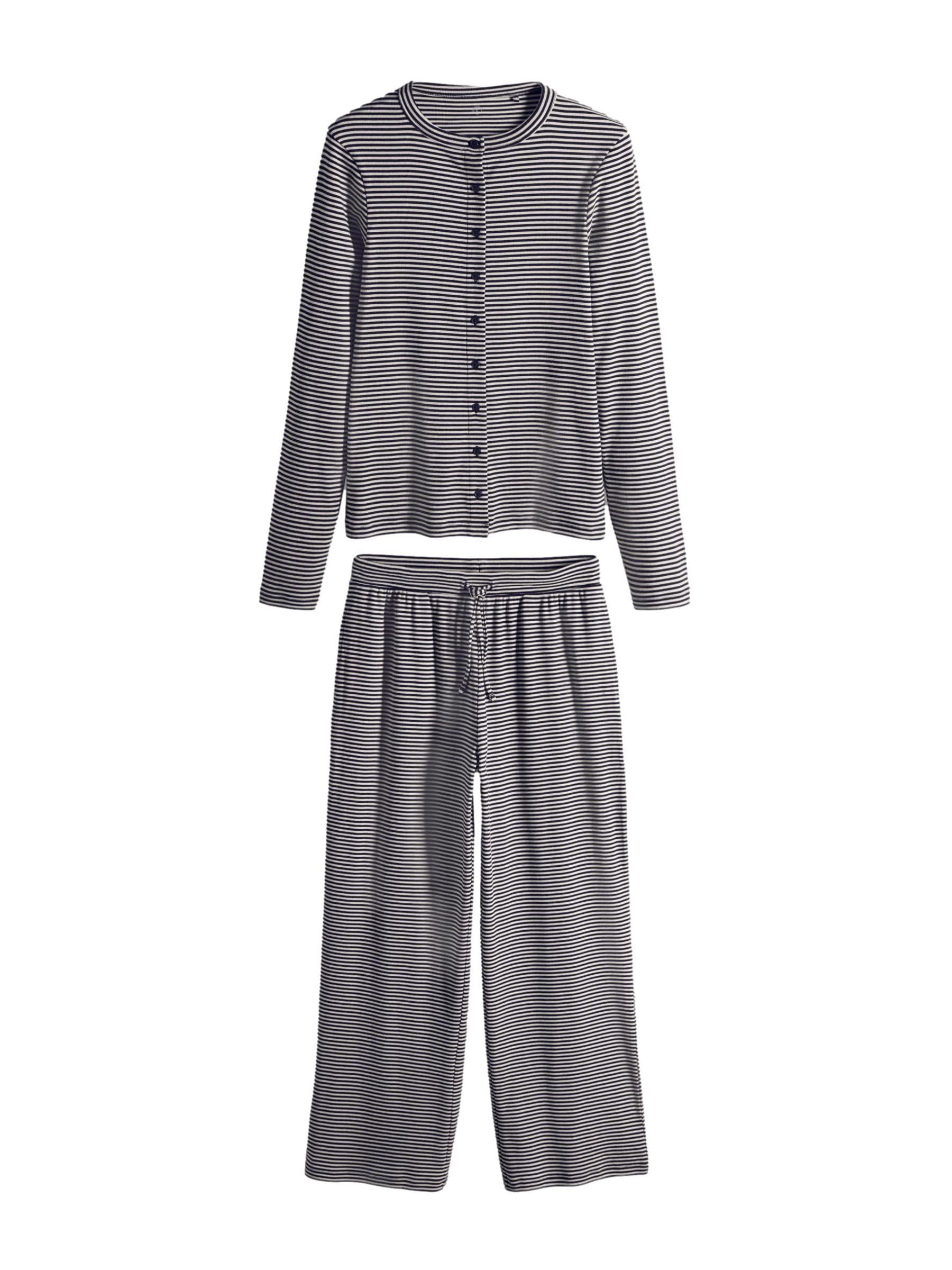 THE SET Damen Langarmshirt mit durchgehender Knopfleiste und Hose im Set