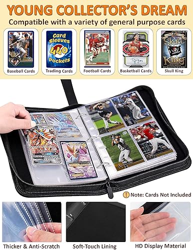 Miniatura 9 de Carpeta para tarjetas de béisbol, 900 bolsillos, 50 mangas, carpeta de béisbol grande, 3 anillos con cremallera, soporte para tarjetas