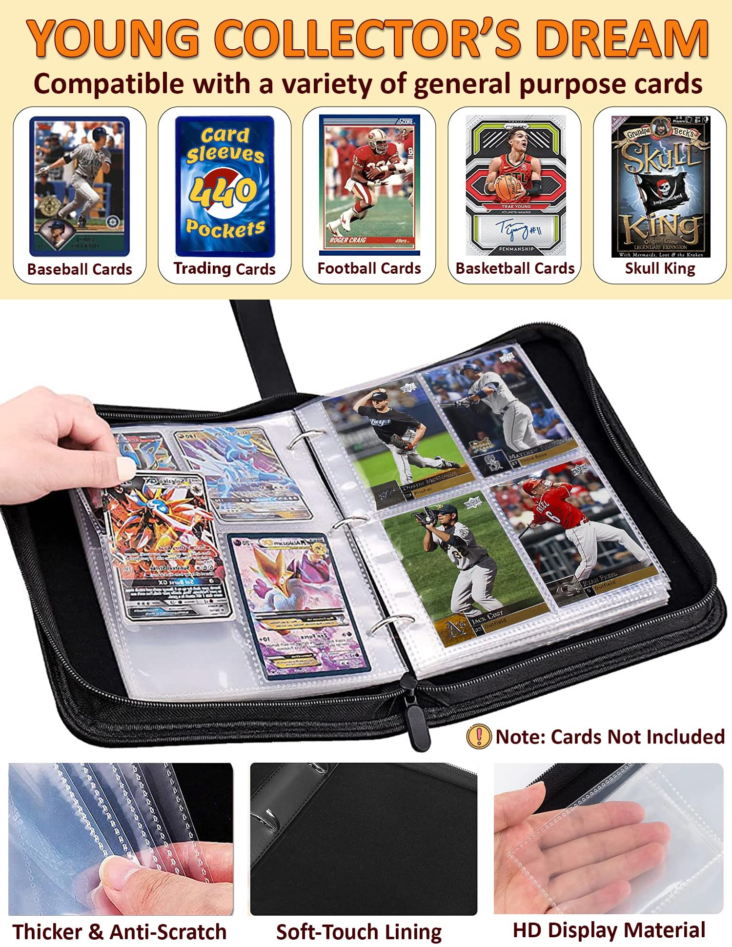Classeur à Cartes De Baseball 440 Poches – 55 Feuilles 4 Poches – 3 Anneaux Fermeture éclair – Organisateur De Collection