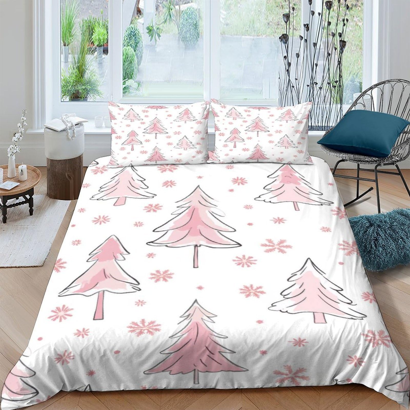 Ctjqhvkz Style-4 3D Printed Pink Christmas Tree Fitted Sheet Microfiber Soft Anti-Slip Snowflake Bed Cover For Bedroom Guest Room Easy Care Single（135X200cm）
