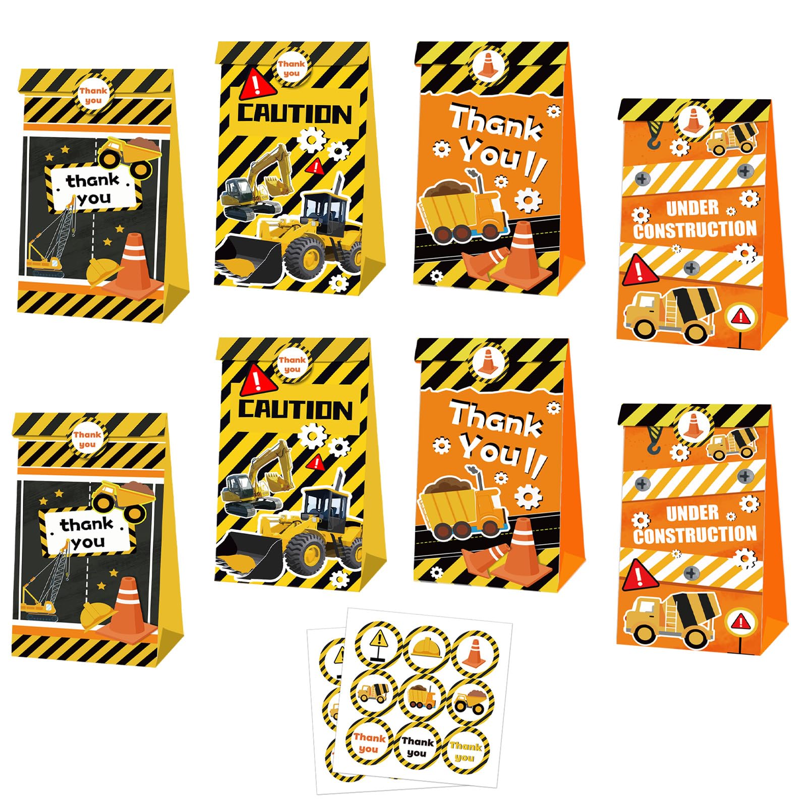 MORAINJAY 12 Pcs Construction Paper Bags, Truck Theme Party Goodie Bags, Kids Birthday Gift Treat Bag, Boys and Girls Party Favour Decoration Supplies, with 18 Stickers — image 1