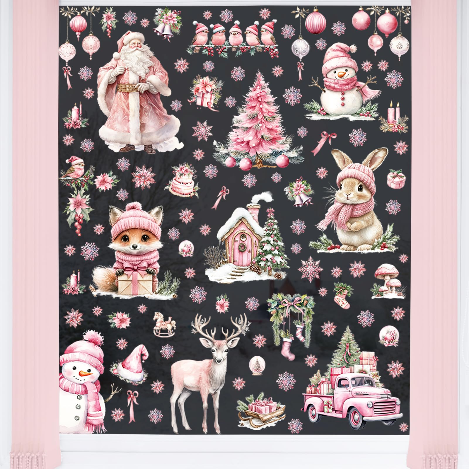 Fassory Baby Pink Christmas 9 Sheets 116 Pcs Window Stickers, Reusable Double-Side Static Xmas Window Clings, Window Stickers Christmas Scene With Cute Forest Animals (Baby Pink Christmas)