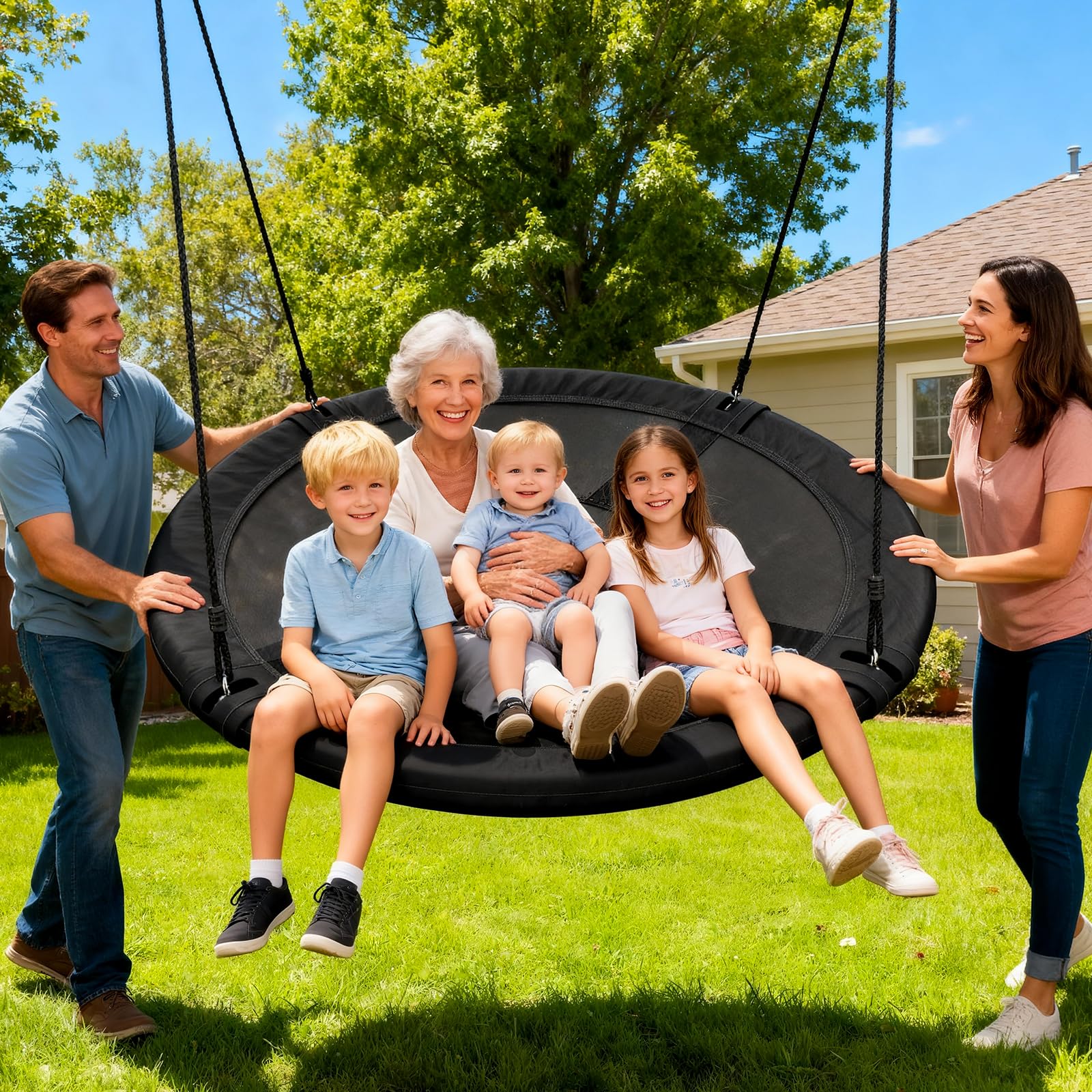 Condition photo showing New/Like New for trekassy 60" saucer tree swing, large family swing for kids & adults | extra-large seating space for multi-rider comfort, 900d oxford fabric with waterproof durability and easy tree installation