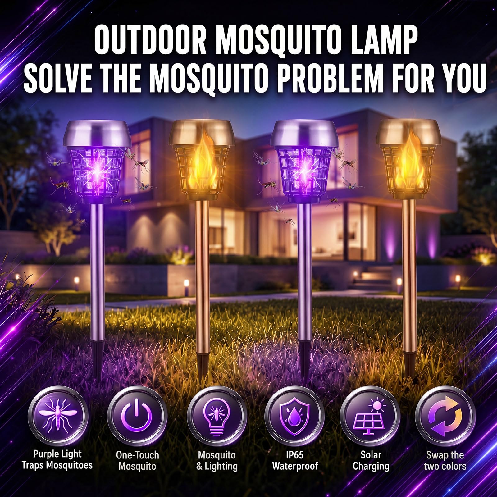 Qualirey 12 piezas de matamosquitos solar para exteriores, impermeables, matamosquitos con energía solar, lámpara repelente de mosquitos para patio, jardín, insectos (púrpura/luz de llama, acero
