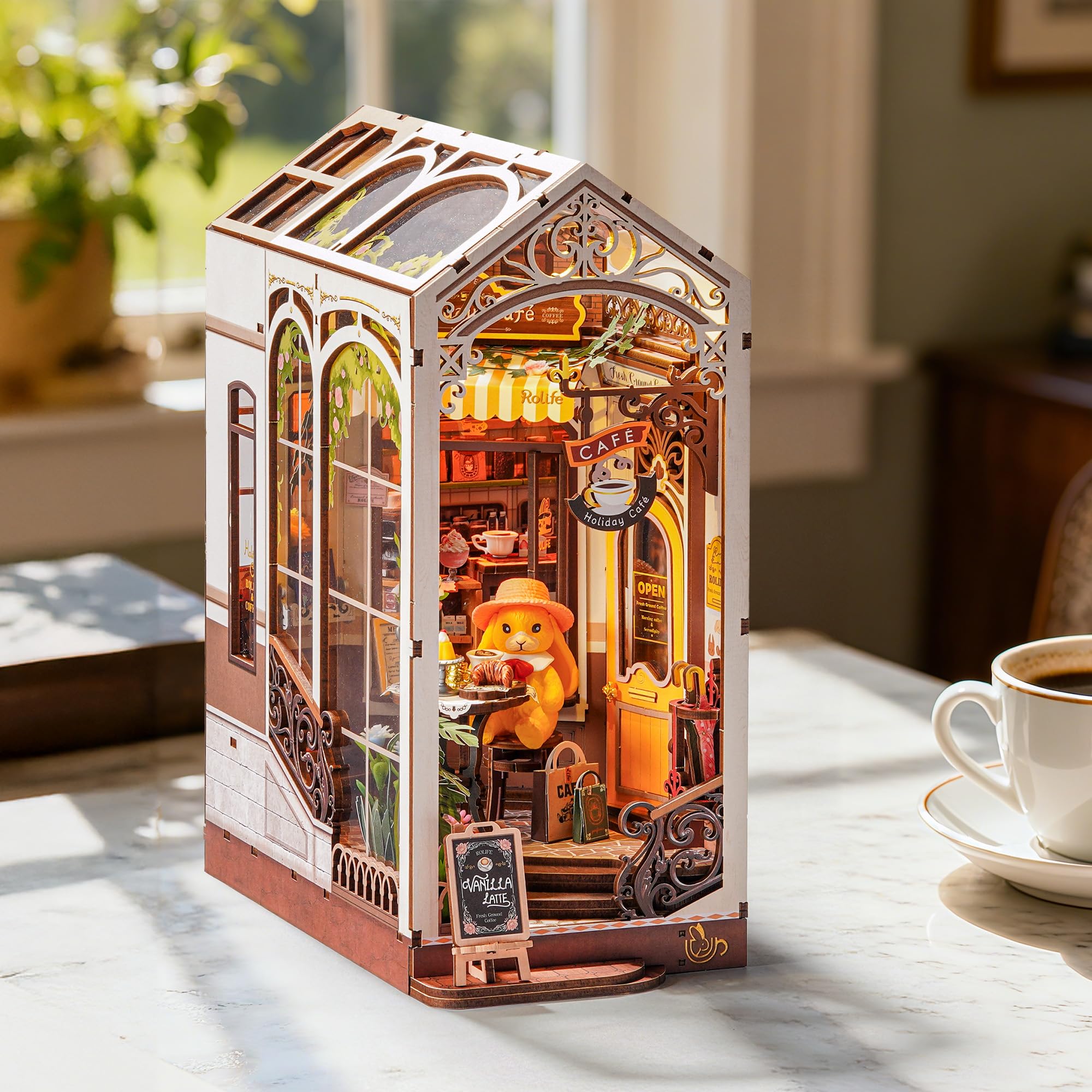 Rolife Book Nook Kit for Adults DIY Miniature Kit with Lights Holiday Café Booknook Model Kits for Adults to Build 3D Wooden Puzzle for Desk Library Bookshelf Decoration - Image 2