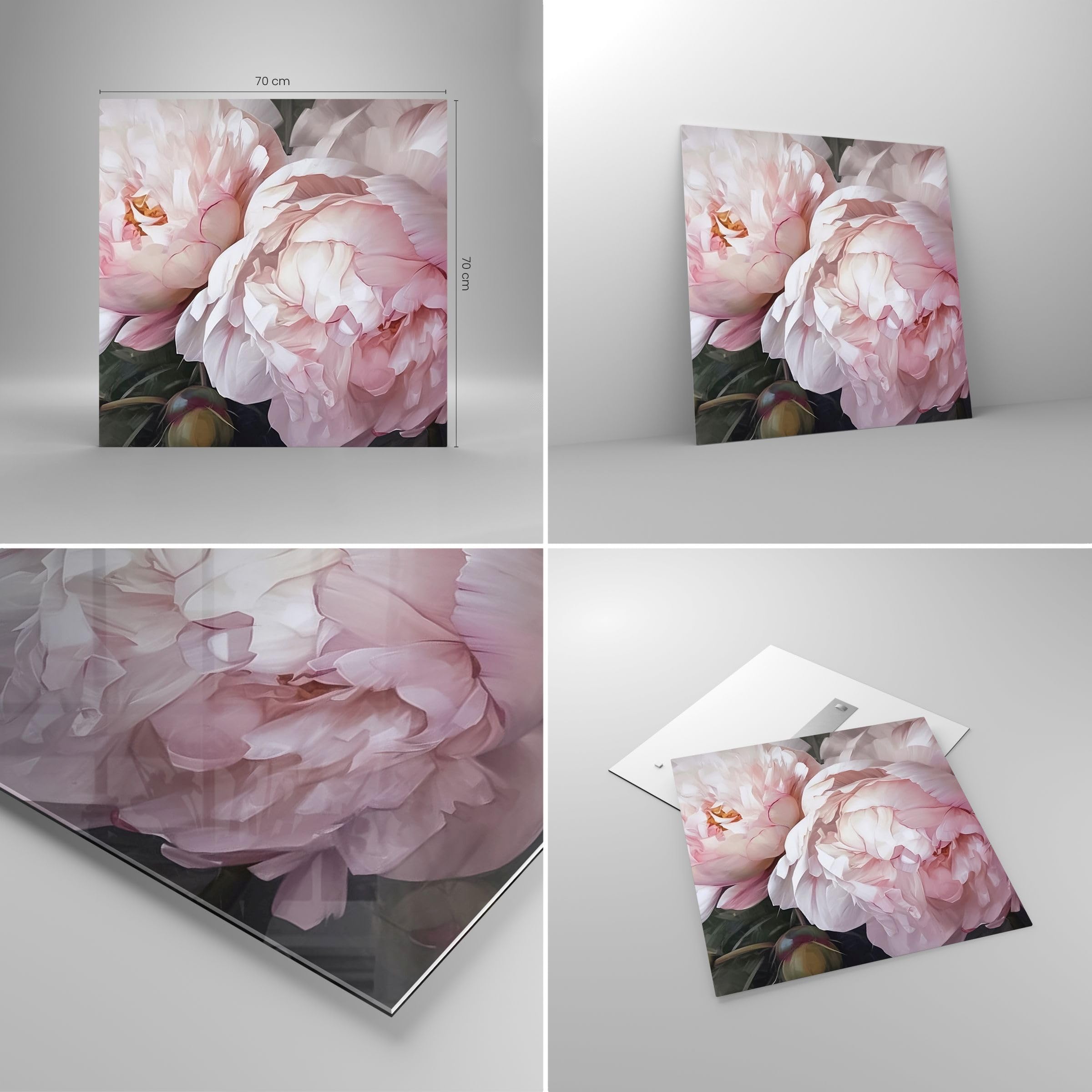 Moderne Impression sur Verre 70x70cm Image Tableau en Verre Decoration Murale Fleurs Pivoines Romantique Grand Tableaux Decoratifs Muraux Chambre Cuisine Carré Deco Cadre Salon Art Wall GAC70x70-5815