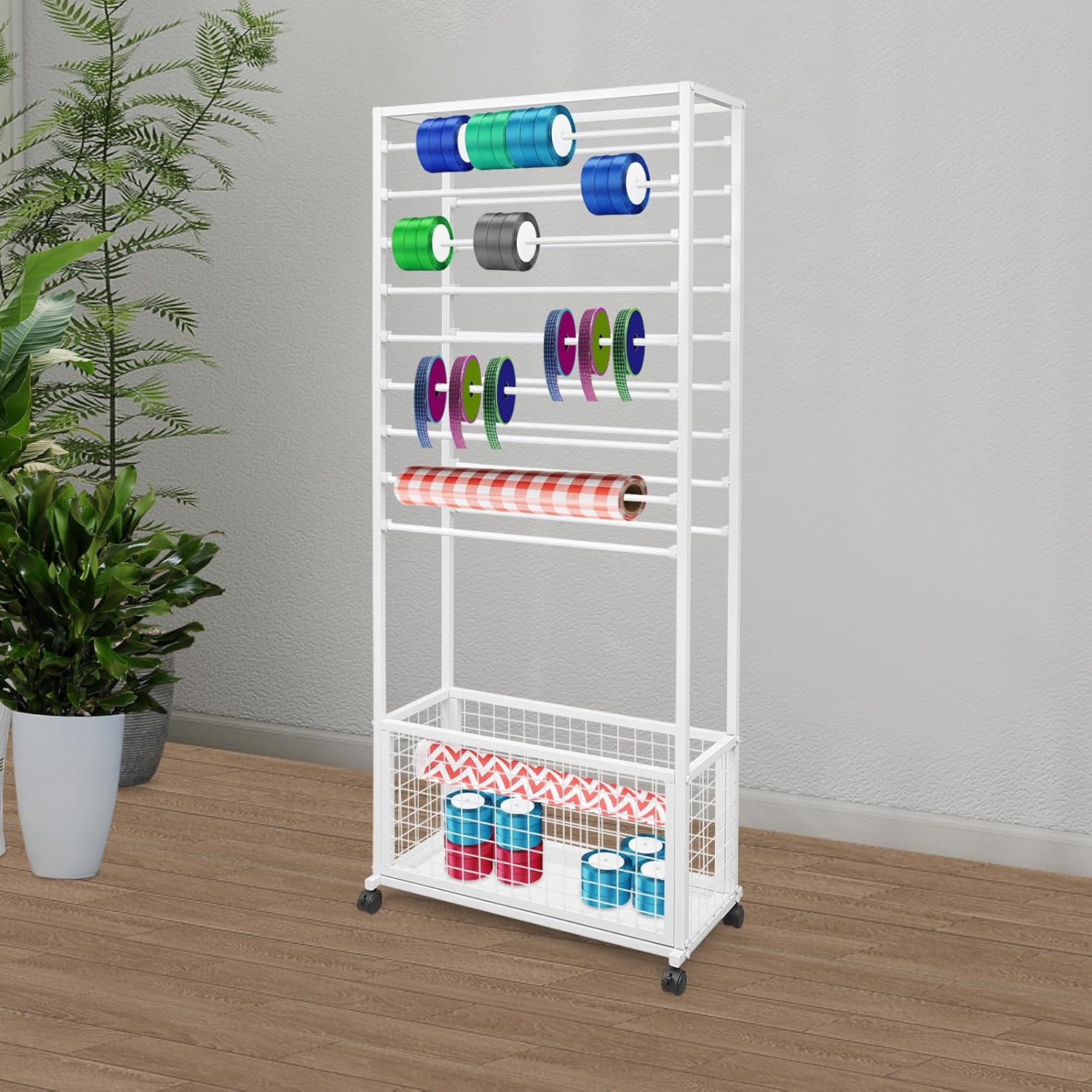 20 Tier Double-Sided Ribbon Holder Organizer with Storage Basket & Wheels, Flower Wrapping Paper Storage Stand, Ribbon Storage Display Rack for Craft Rooms, 26.4''L ×12.6''W× 66.9''H, White