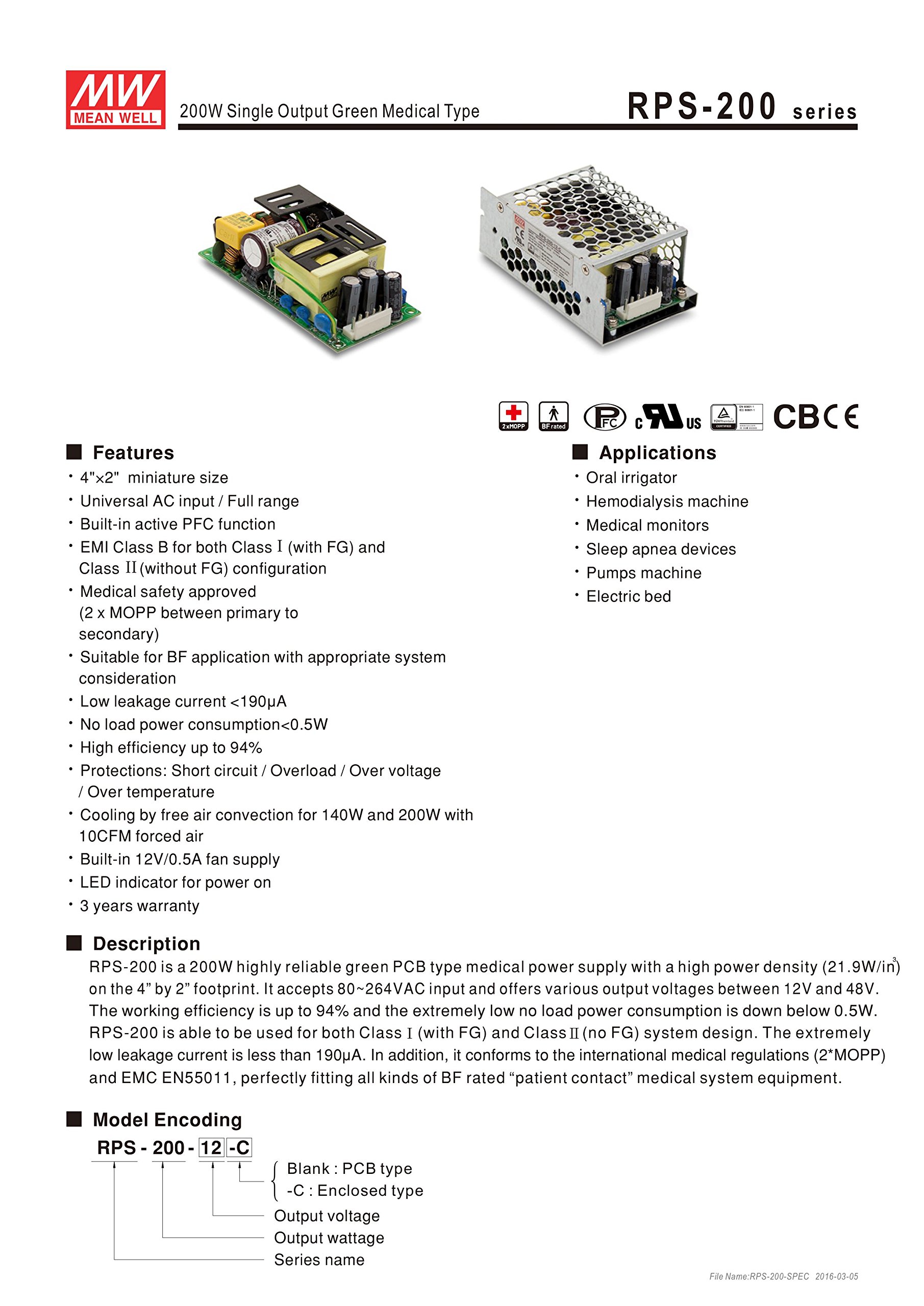 MEAN WELL RPS-200-48 RPS-200 Series 200 W 48 V 80 to 264 VAC Single Output AC/DC Power Module - 1 item(s)