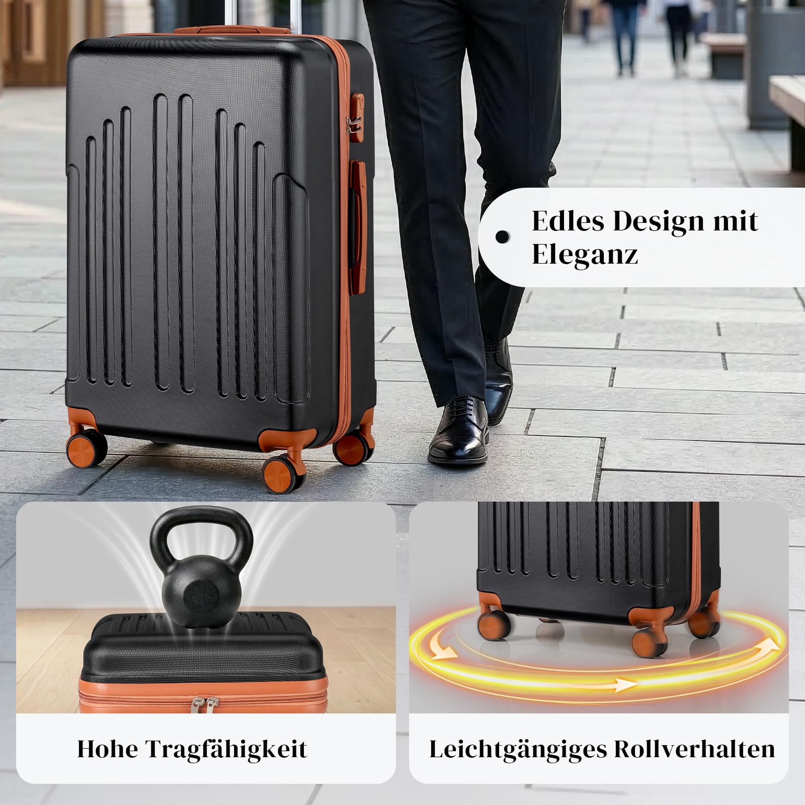 LALAHO Kofferset 4 teilig Hartschale mit Kosmetikkoffer (Schwarz-Braun) | Koffer Set 4 Stück aus ABS, Reisekoffer mit Rollen Groß, Hartschalenkoffer Set, Koffer & Trolleys, Handgepäck