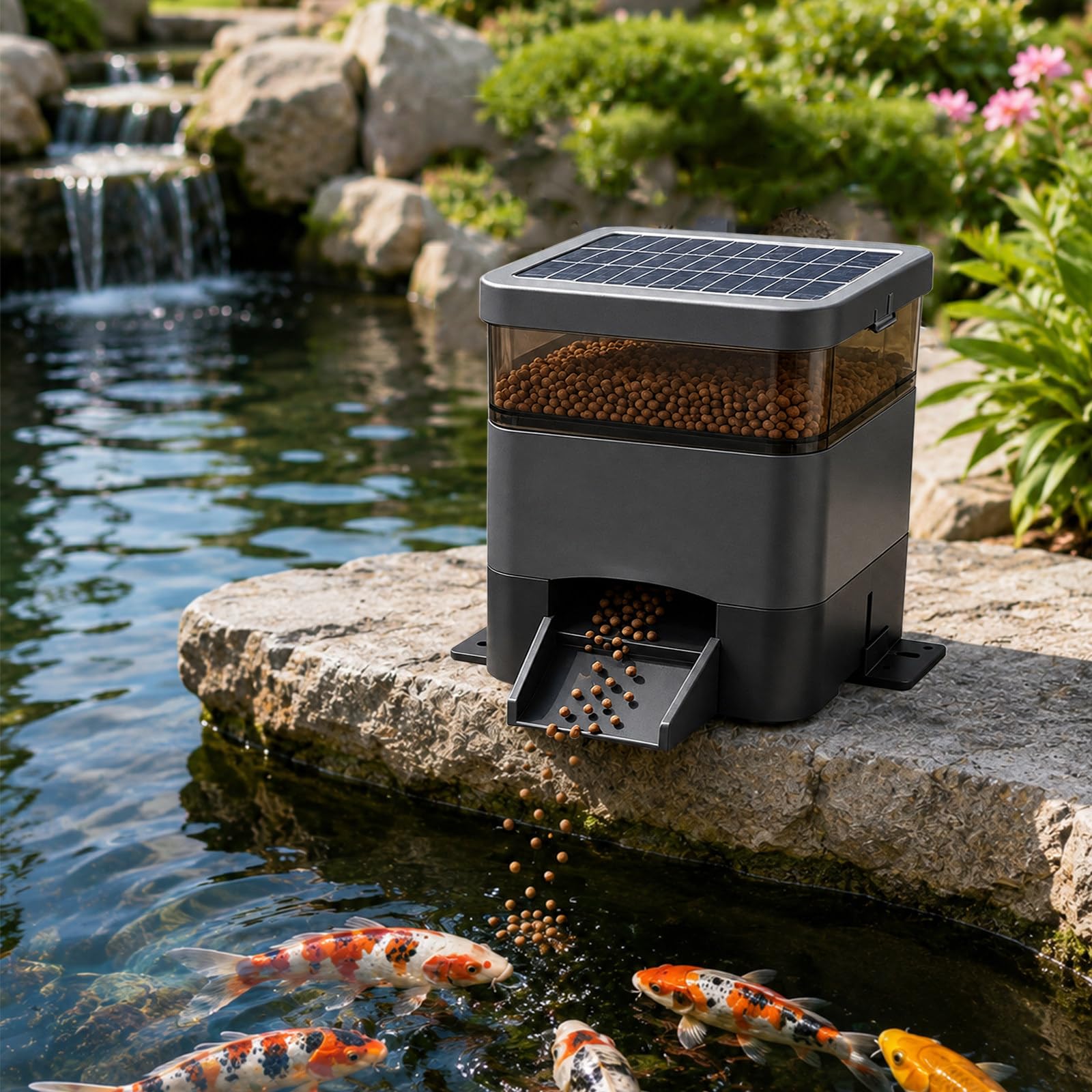 Dispensatore Automatico di Cibo per Pesci ad Energia Solare, capacità 4L(10L), Timer Regolabile, Mangiatoia per Koi da Esterno a Prova di umidità, per Laghetto per Koi e Acquario Black-4L