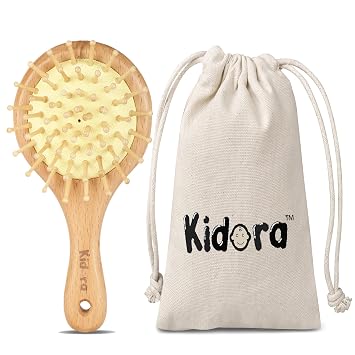 Kidora Wooden Baby Hair Brush with Bamboo Bristles - Mini Travel-Friendly Scalp Massage Brush for Kids - Gentle Hair Grooming