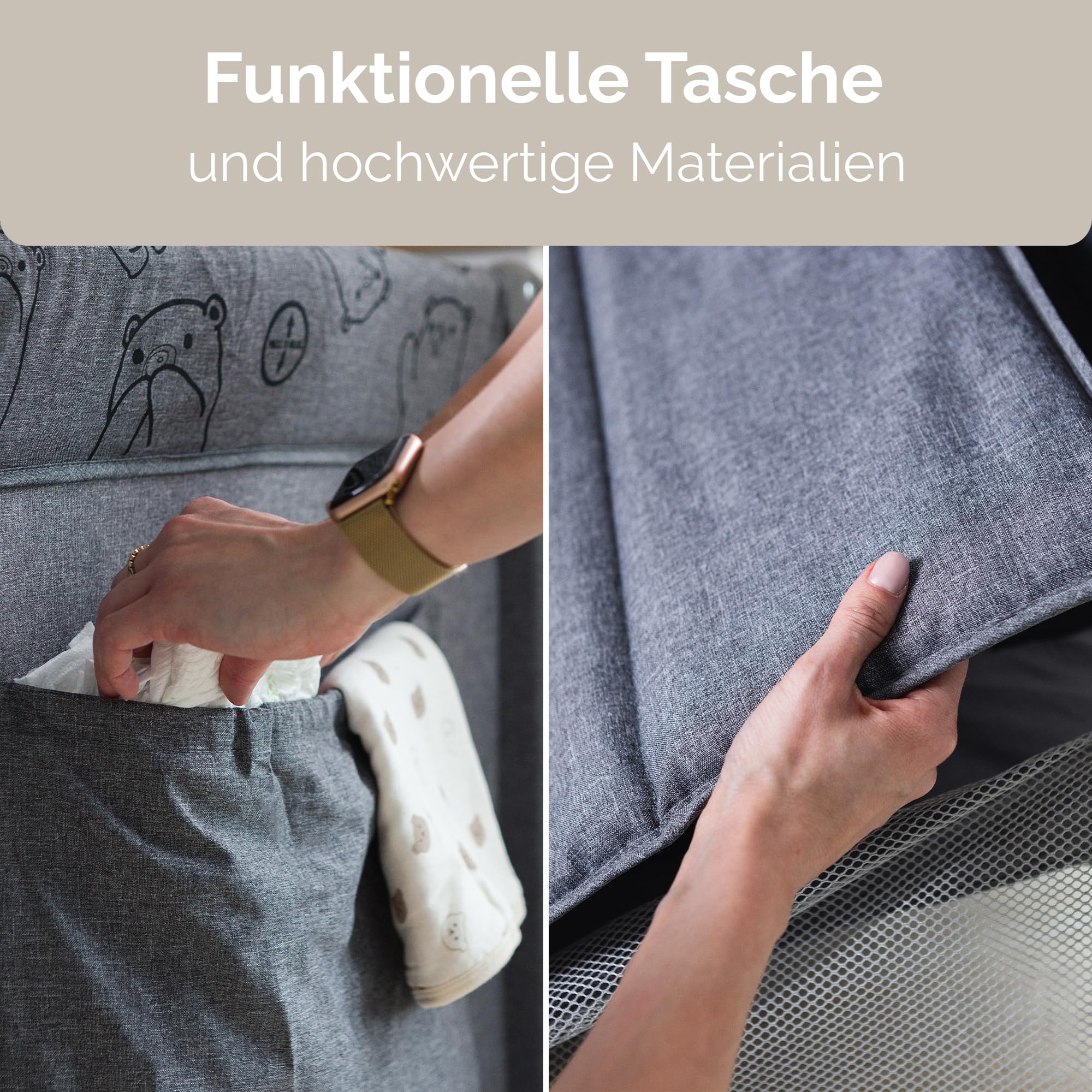 Ihalig Reisebett Babybett faltbar mit Matratze Seiteneingang und Rollen mit Bremsen Kinderreisebett klappbar mit Tragetasche Seitentasche platzsparend für Zuhause Reise Hellgrau