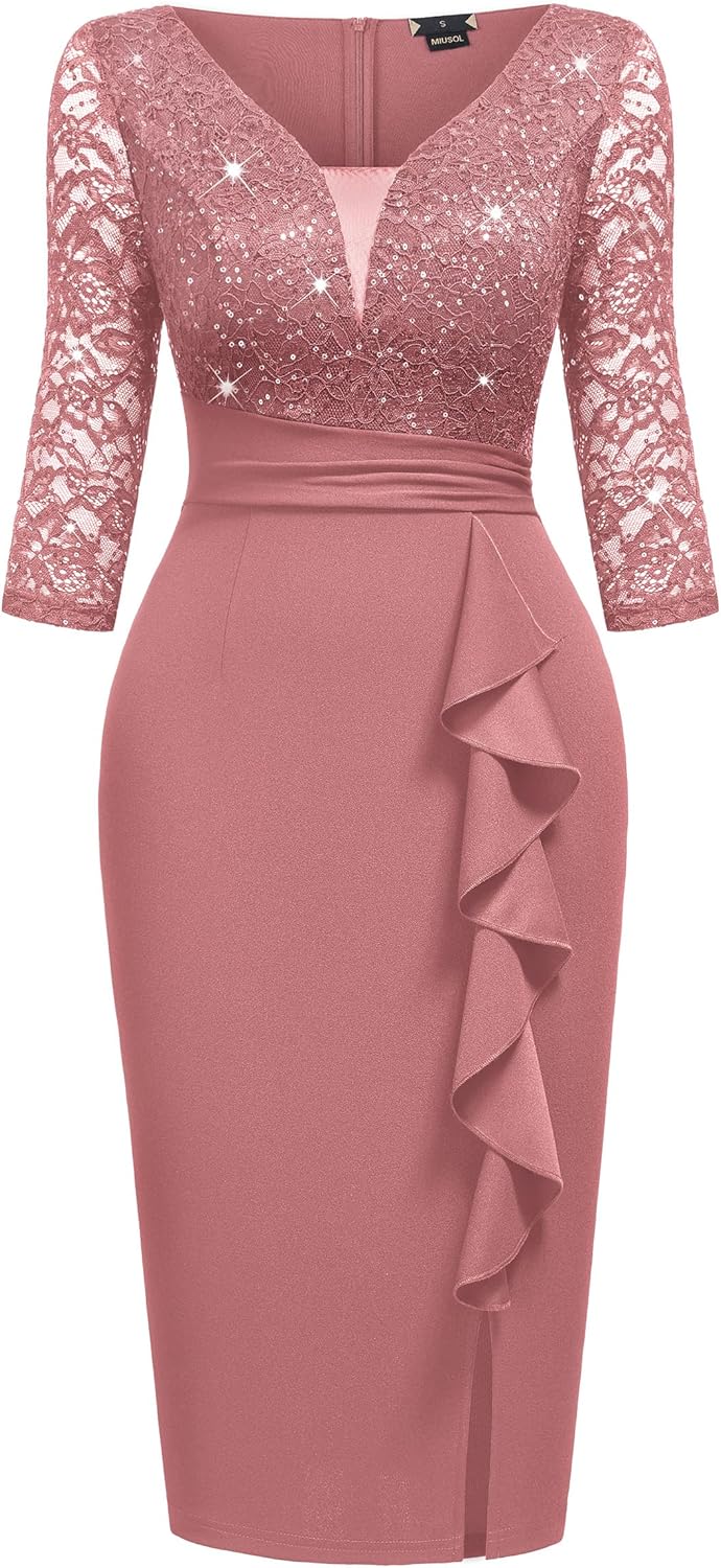 Miusol Women's Sexy V Neck Sequin Ruffle Style Cocktail Party Dress