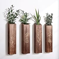 Botop 4 Pack Brown Pine Wood Wall Planters - Farmhouse Boho Pocket Vases for Dried Flowers Faux Greenery, Easy Hang Indoor Decor