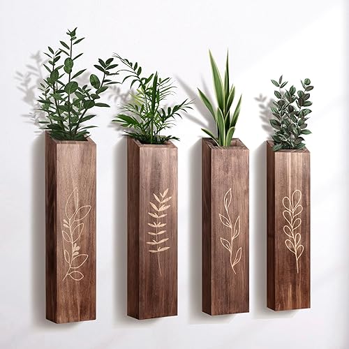 Paquete de 4 macetas de pared de madera para interiores, decoración de pared moderna para sala de estar, dormitorio, jarrones de pared de bolsillo
