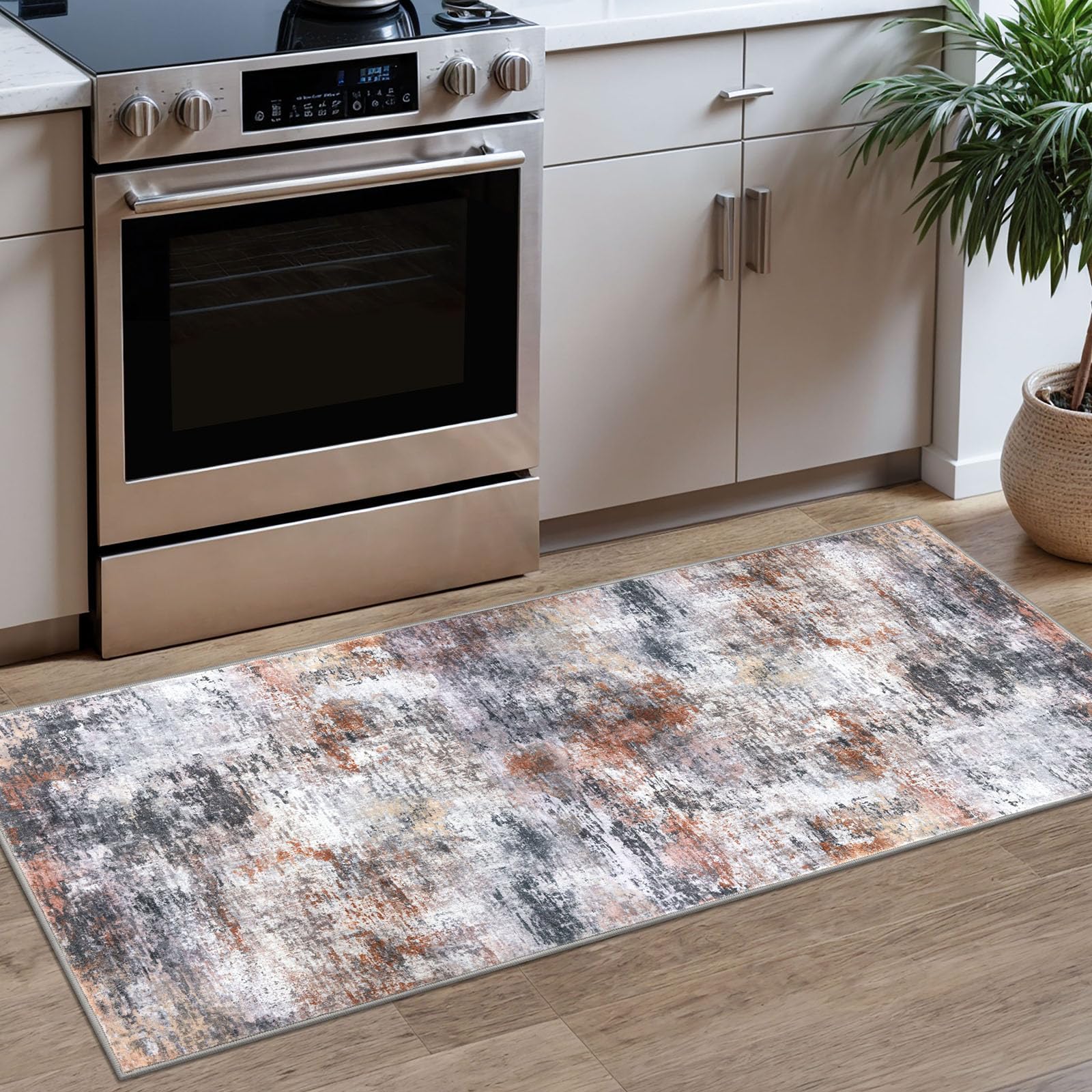 Lansny Modern Abstract Runner Rug 2x5, Grey Orange Multi Colorful Washable Kitchen Entryway Mat Non-Slip Soft Hallway Thin Print Faux Wool Carpet for