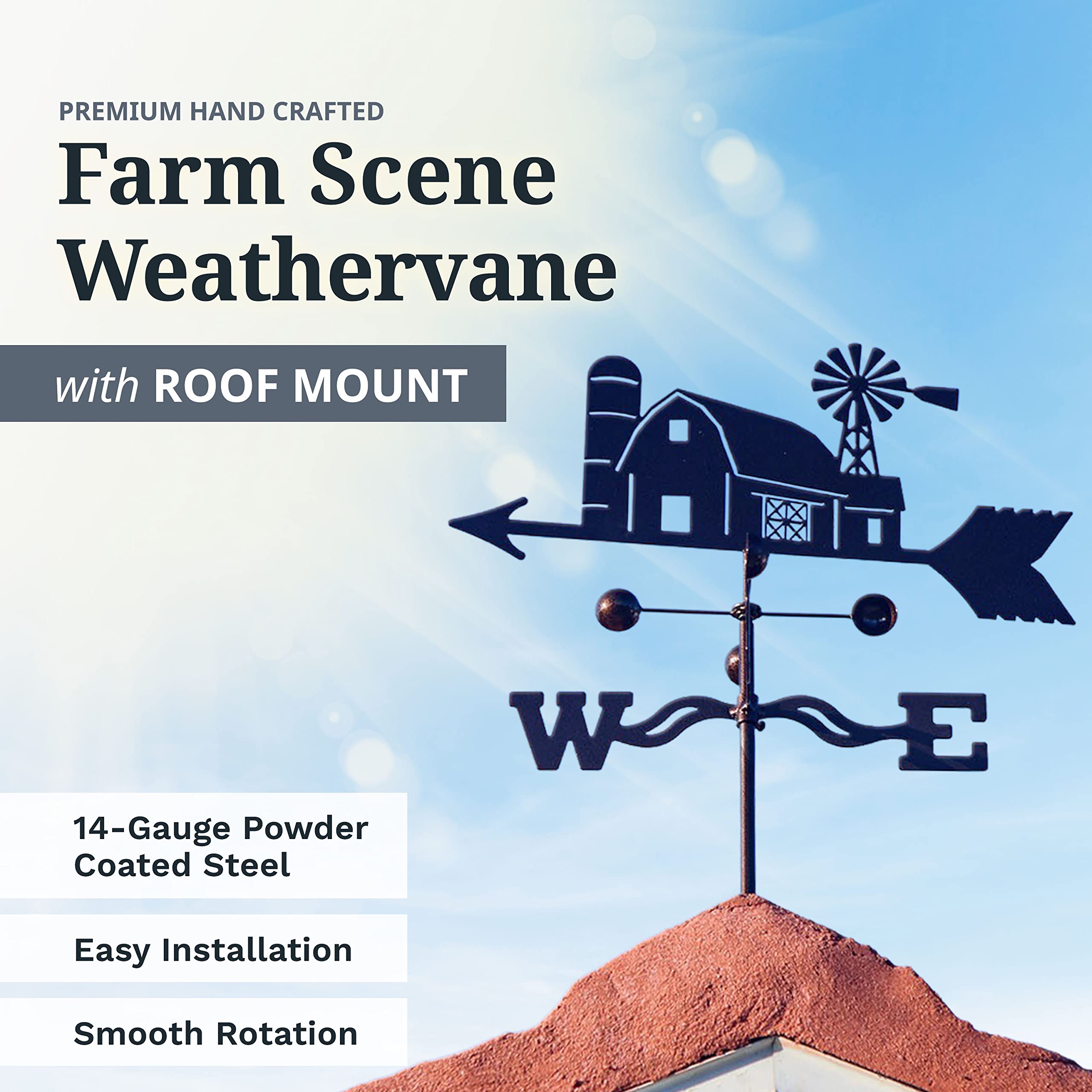EZ Vane Steel Farm Scene Weathervane 21” Height, Includes Metal Roof Mount, Wind Cups & Brackets | Hand-Crafted and Family-Owned, Made in The USA with Triple Powder Coating, Limited