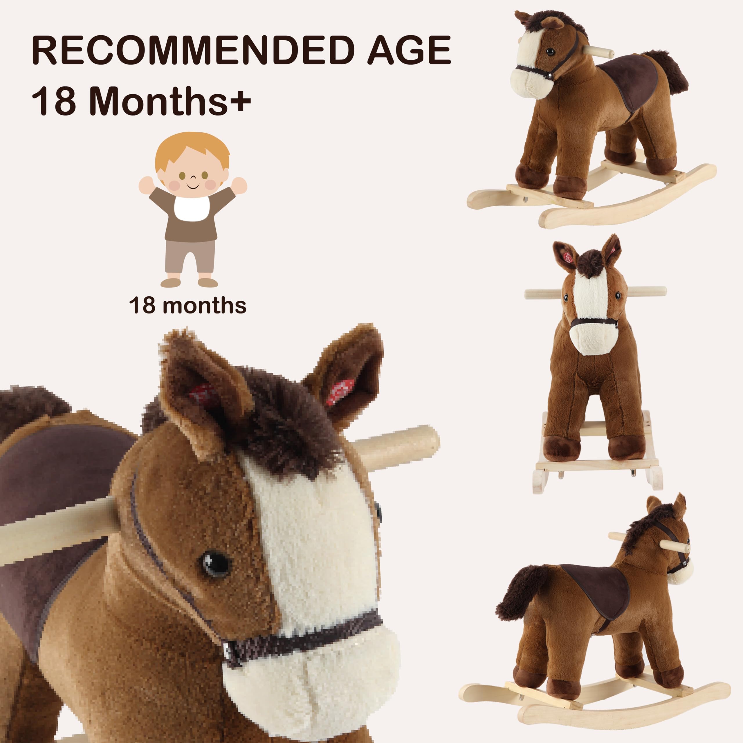 Gioco di cavallo a dondolo marrone scuro per bambini dai 18 mesi in su, giocattolo in peluche con suono realistico, imbottitura morbida, certificato CPC (marrone chiaro)