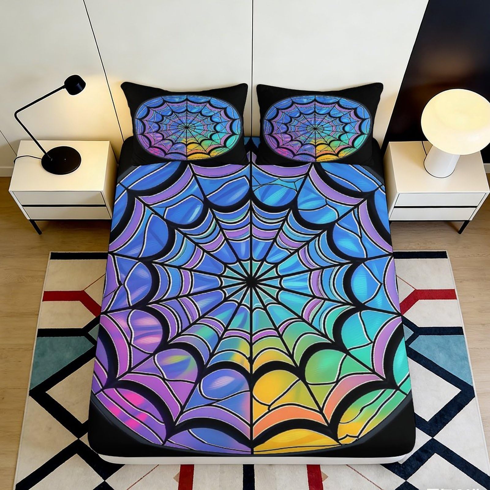 Jqzkxnhpbr Style-4 3D Printed Rainbow Spider Web Fitted Sheet Microfiber Durable Bed Cover For Bedroom Guest Room Dorm Decor Protection 90X200x25cm