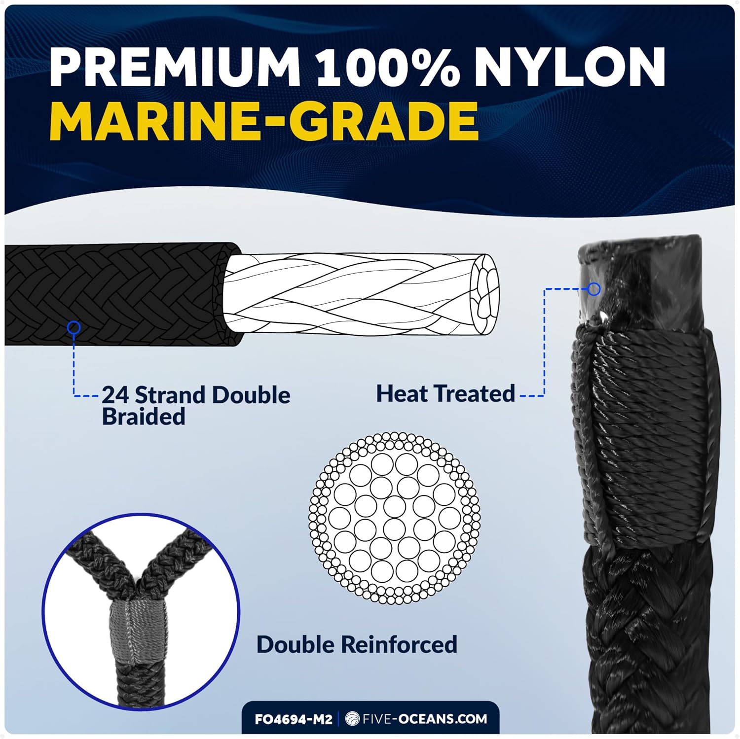 Five Oceans 3/8" x 15' Boat Dock Lines – 8-Pack Black Double Braided Nylon Rope with 12" Spliced Eyelet, Anchor Rope, Bow Lines, Mooring Lines for Boats up to 30' - FO4694-M2