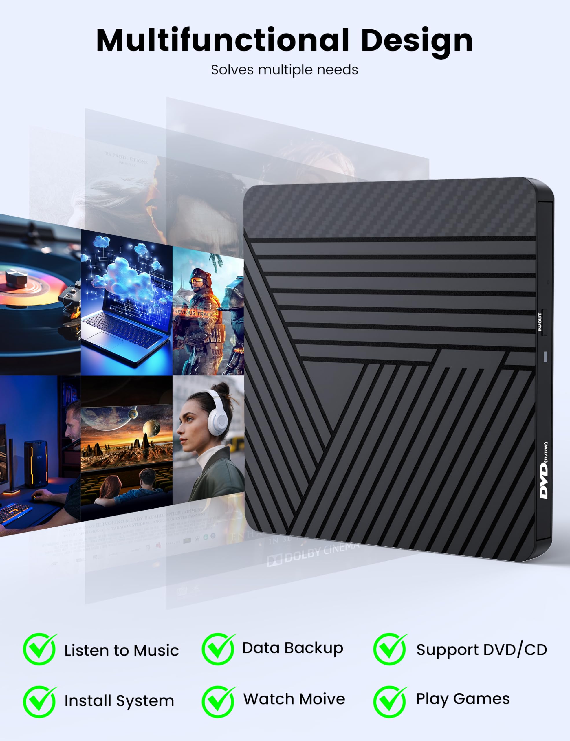 MOSWAG CD DVD Drive Esterno, USB 3.0 e USB C CD/DVD Burner +/-RW Unità Ottica, DVD Sottile Portatile CD ROM Riscrittore Scrittore Duplicatore per Desktop, Windows 11/10 PC MacBook Pro Linux PC