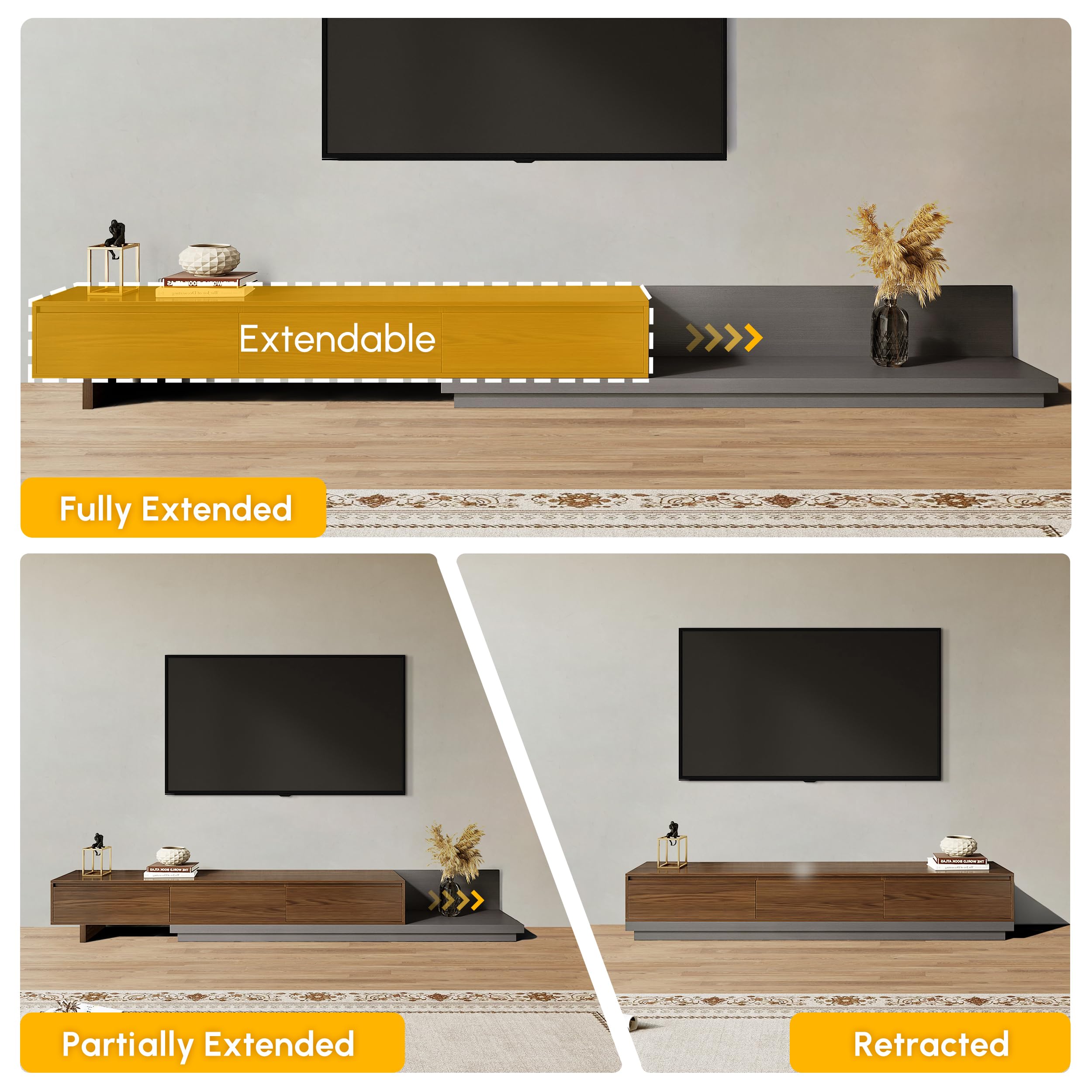 Homary Meuble TV Extensible 200-360 cm, Console TV Moderne avec 3 Tiroirs