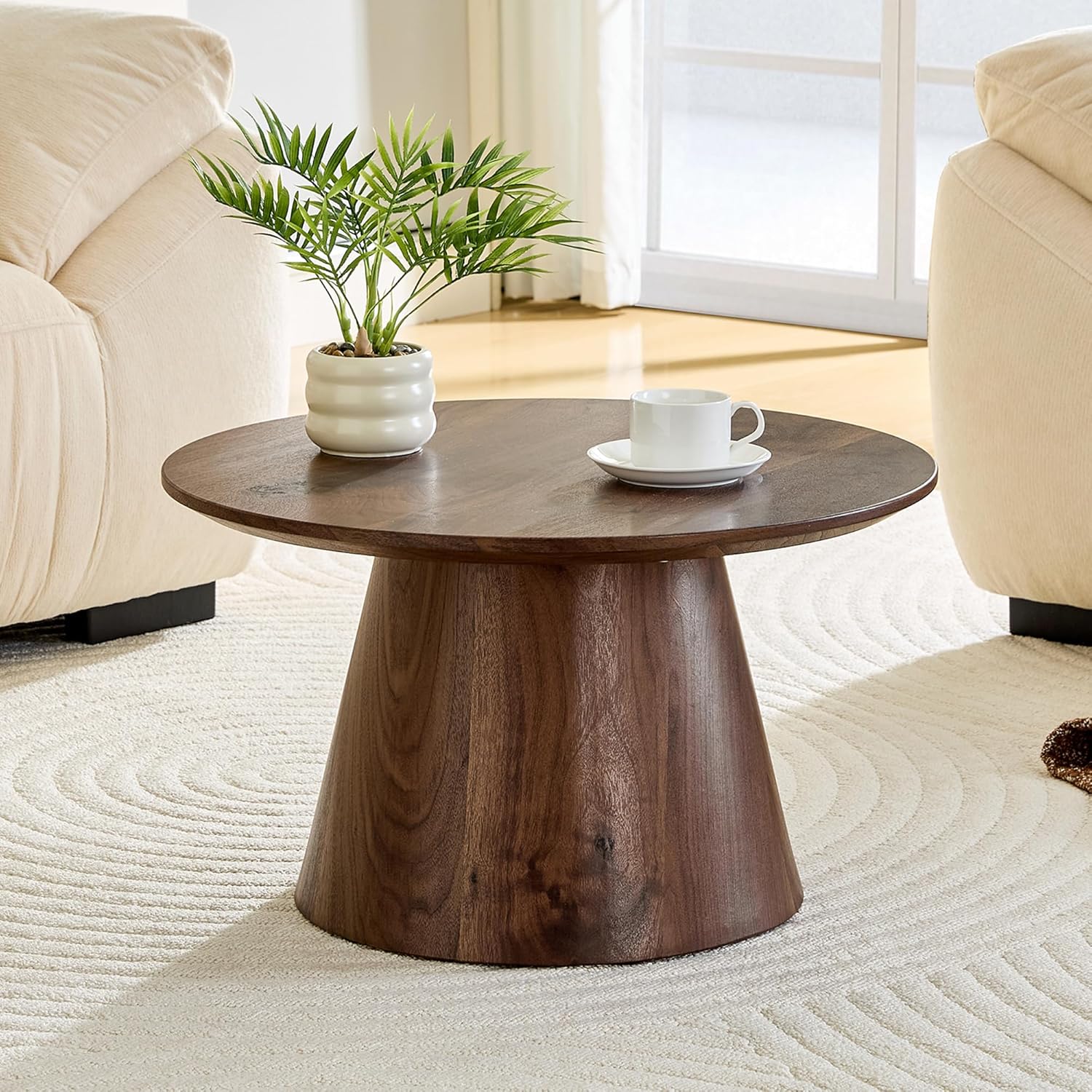 Walnut Coffee Table, 23.6" Small Coffee Table, Natural Wood Grain Round Tabletop with Wooden Cone Base, Round Living Room Table with Adjustable Feet, Mid Century Center Table for Apartment,Small Space