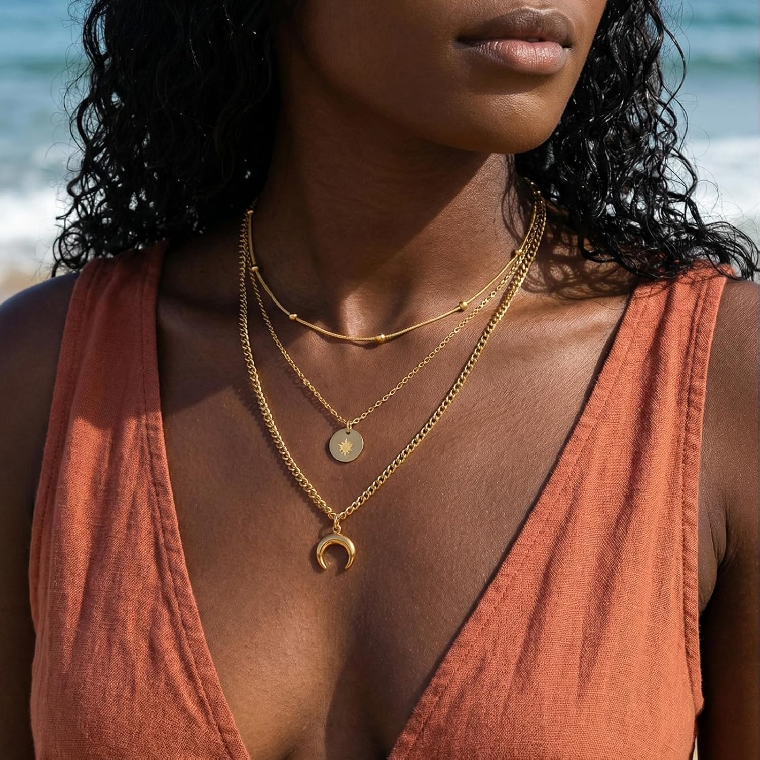 Gold Layered Necklaces for Women, 3 Layer 18K Gold Plated Dainty Choker Necklace, Simple Trendy Stackable Gold Chain Pendant Necklaces Jewelry Set Gifts for Women - Image 2