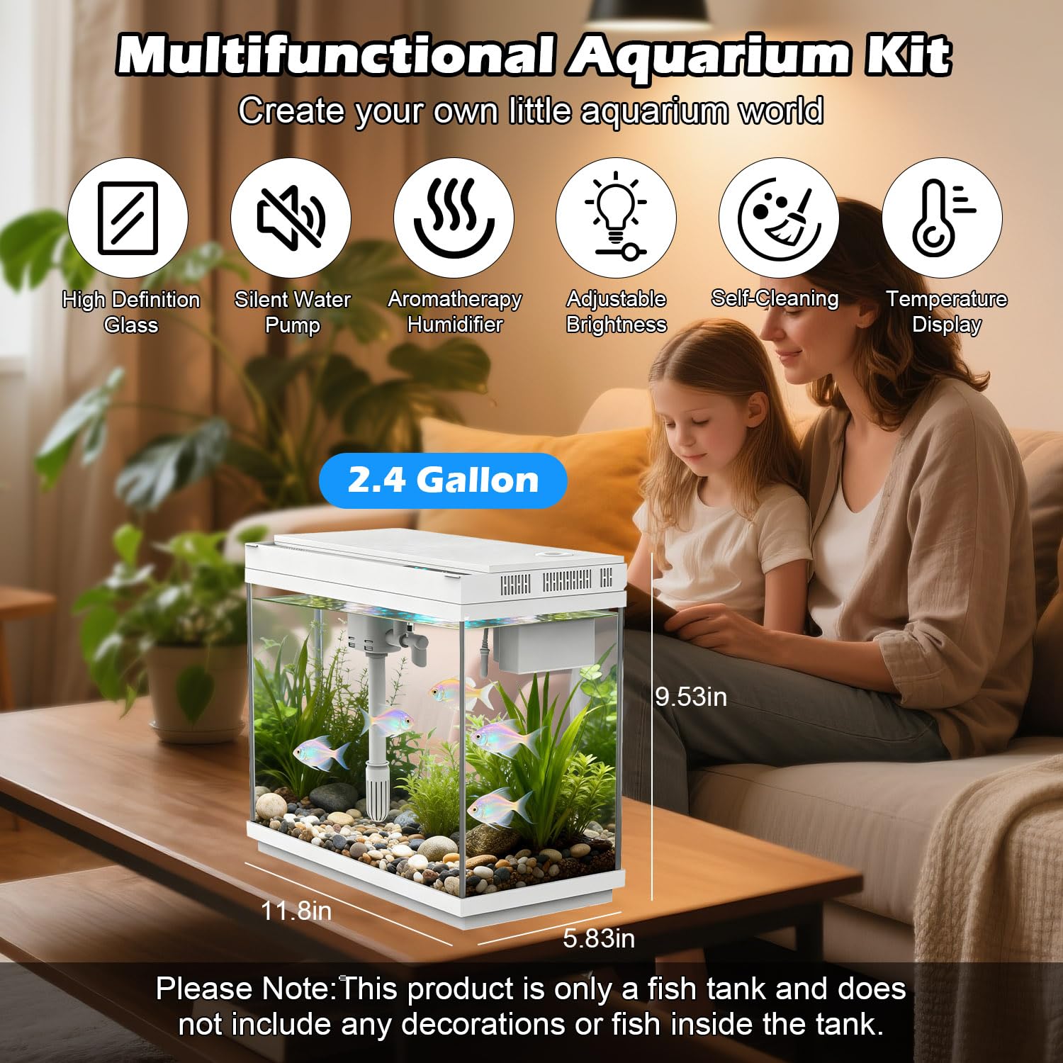 Aquarium intelligent avec pompe à eau silencieuse, petit aquarium de 8 litres avec kit de démarrage rapide, affichage de la température, humidificateur et lumières RVB, parfait pour la maison, le