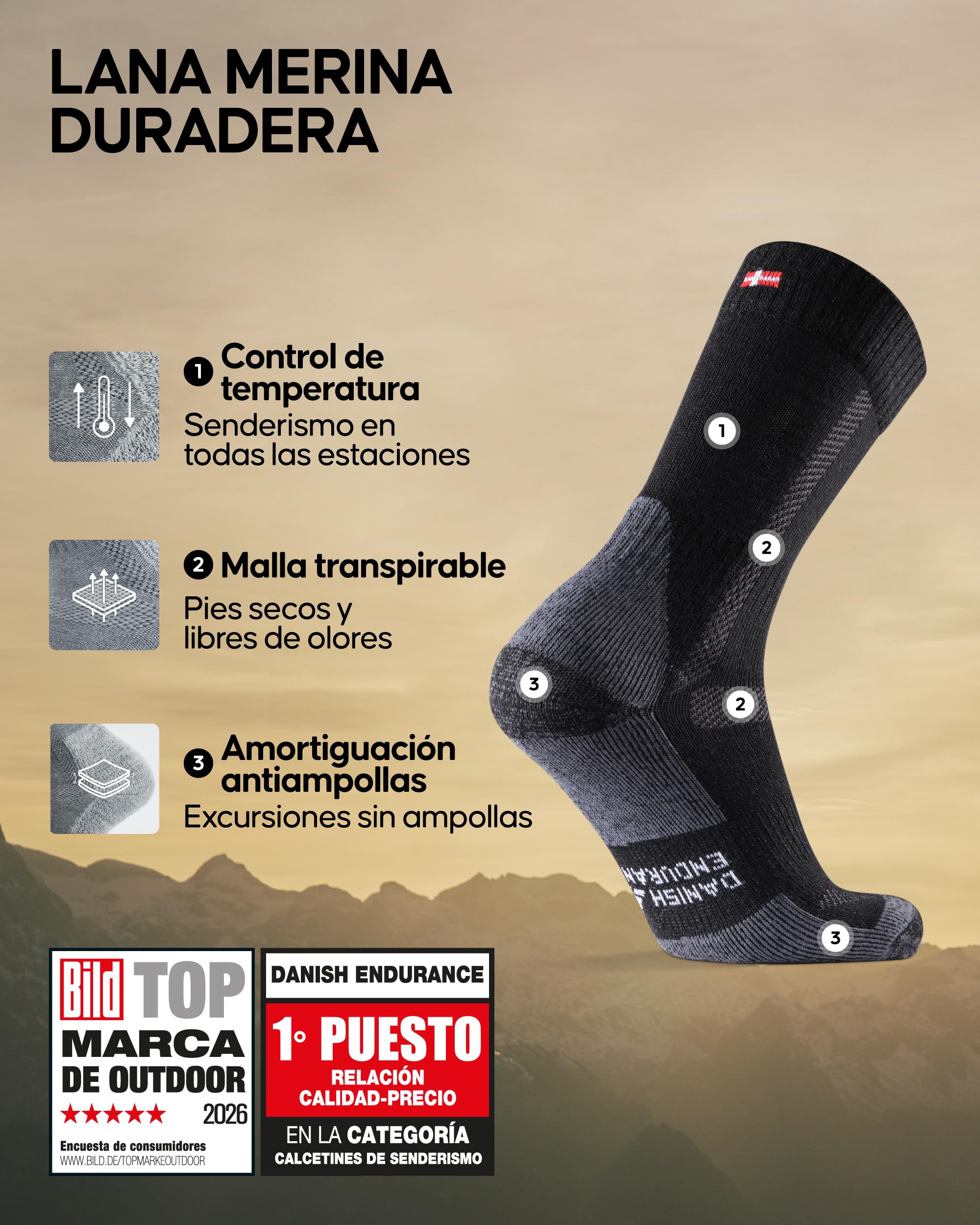 DANISH ENDURANCE Calcetines de Senderismo Unisex de Lana Merino con Acolchado Antiampollas, 3 Pack