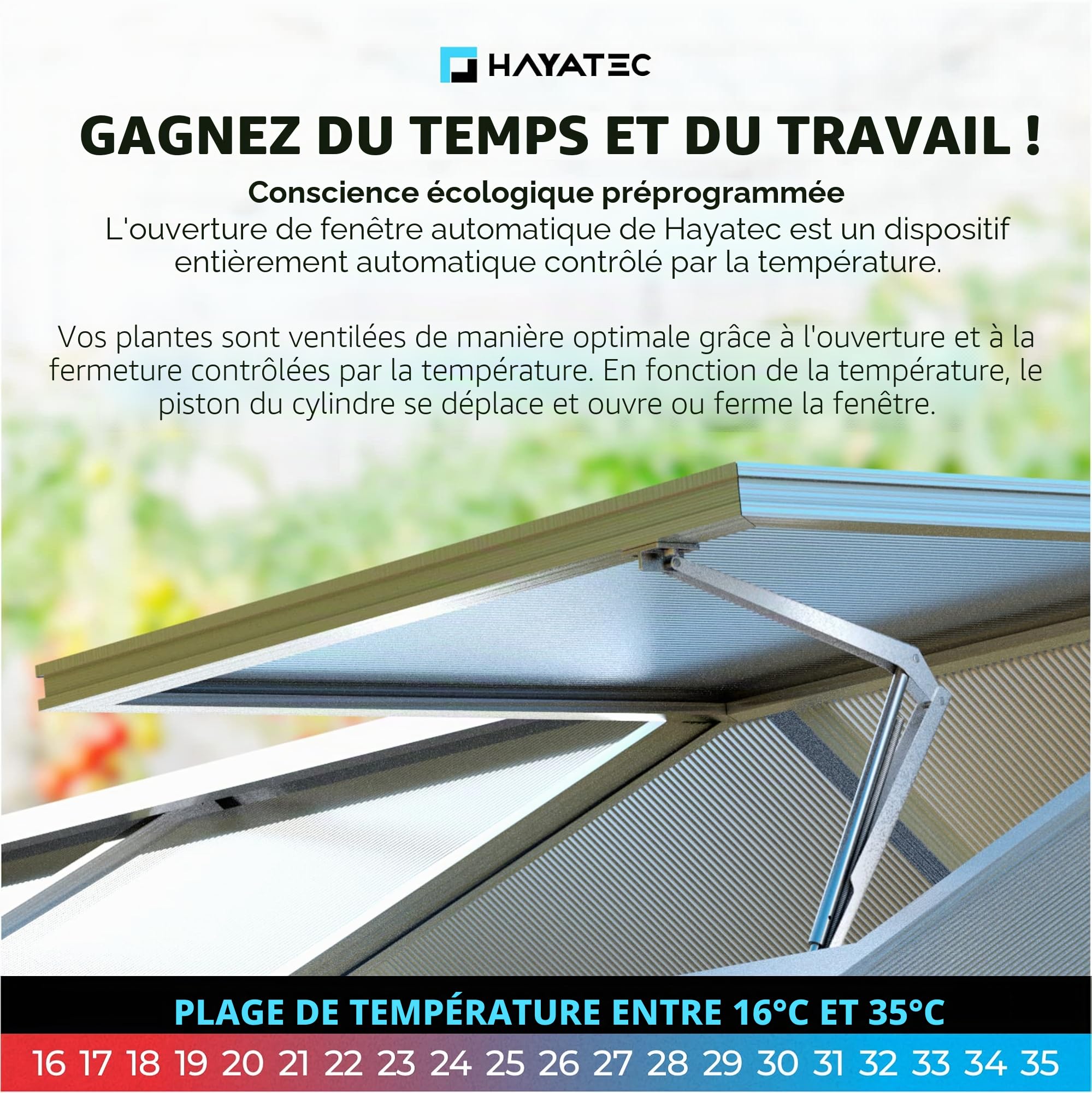 HAYATEC Système d'ouverture automatique pour serre Ouvre-fenêtre pour serre – Régulation de température, sans électricité, robuste et résistant aux intempéries – Capacité de levage de 7 kg, hauteur de