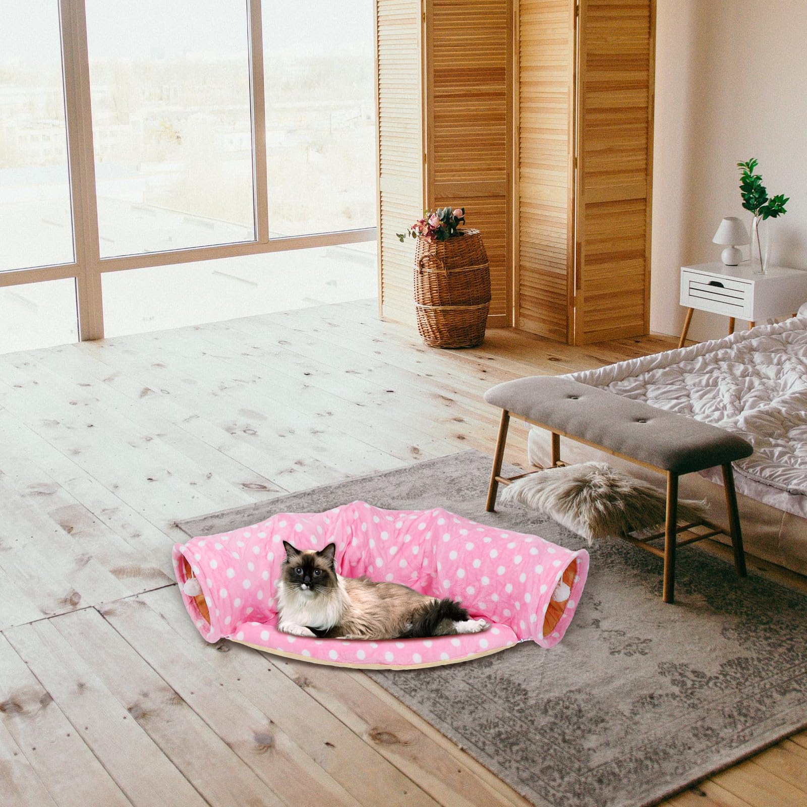 Túnel para Gatos Rosa de Lona, Dos Vías, Bola Decorativa