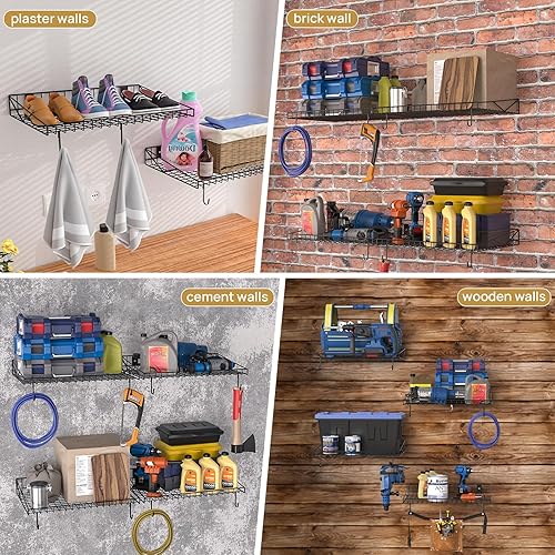 Miniatura 8 de Paquete de 4 estantes de pared de garaje, estantes flotantes resistentes con 8 ganchos, cargas de 180 libras, estantes de pared negros de malla para