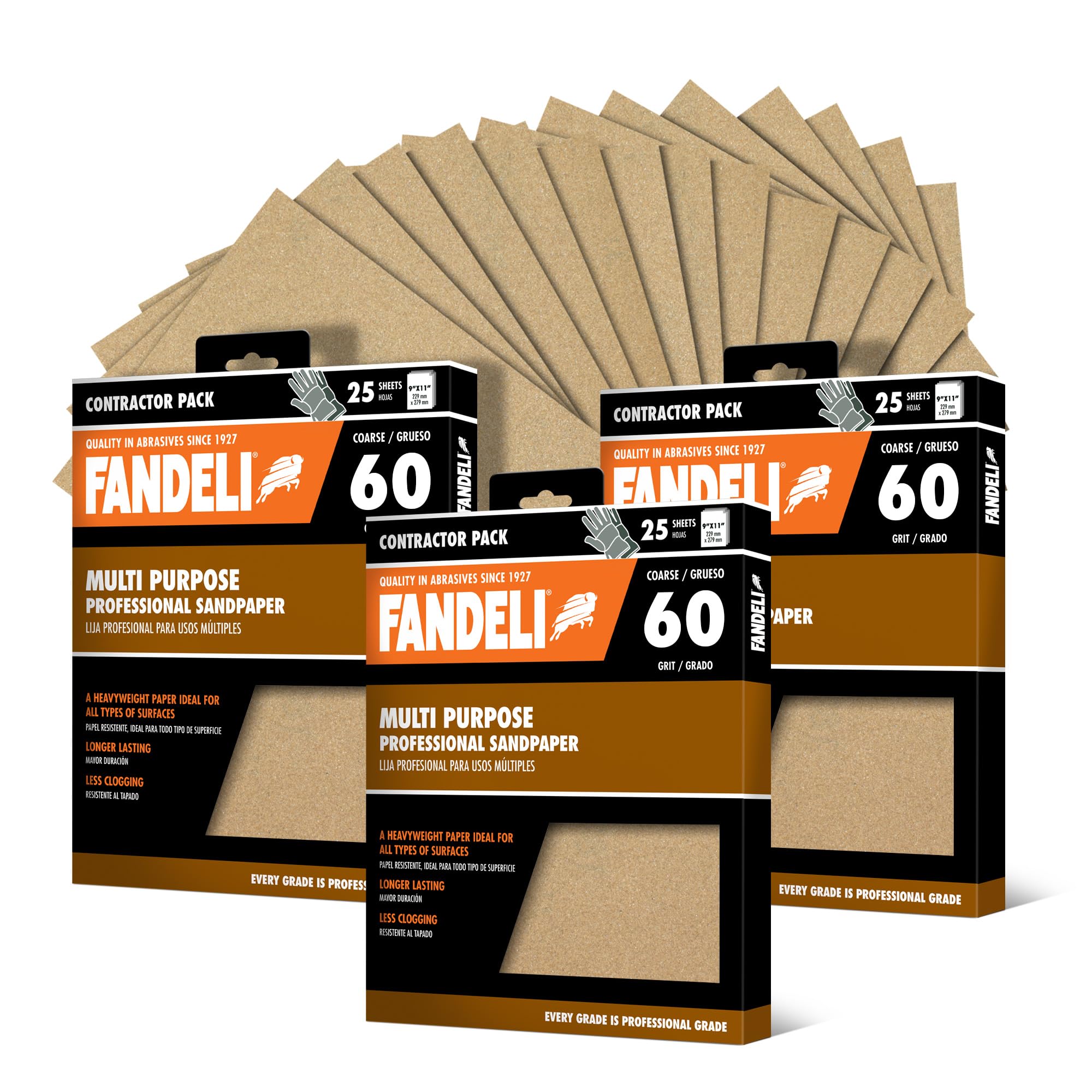 Fandeli Multi-Purpose Sandpaper, 60 Grit, 75 Sheets of 9'' x 11'', Aluminum Oxide, Compatible with Orbital Sanders, Ideal for Metal and Wood