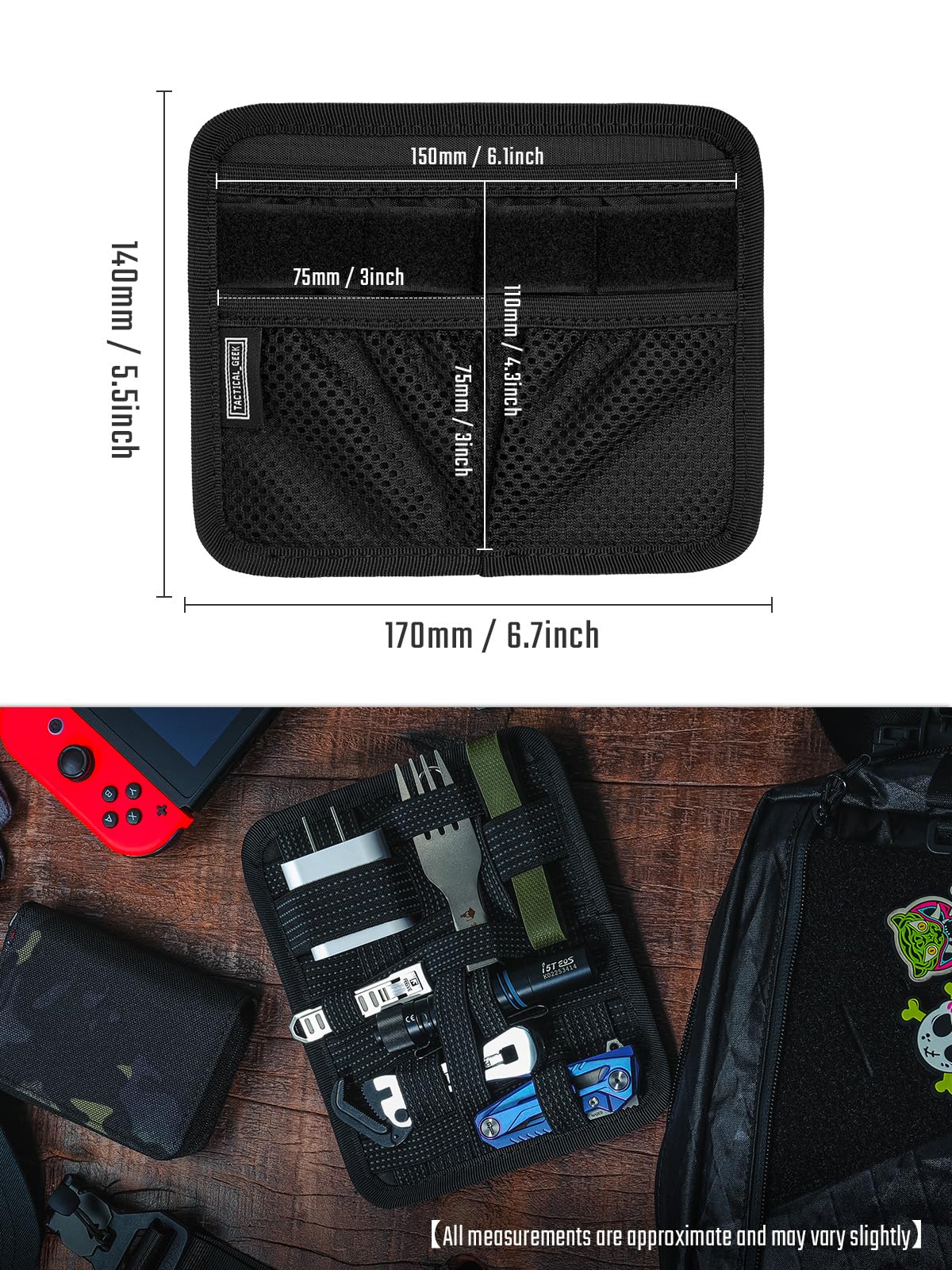 TACTICAL_GEEK TCM8 - Tablero organizador EDC, tablero tejido elástico antideslizante, panel de inserción de bolsa de utilidad para equipo pequeño, accesorios de mochila con bolsillo abierto y bolsillo