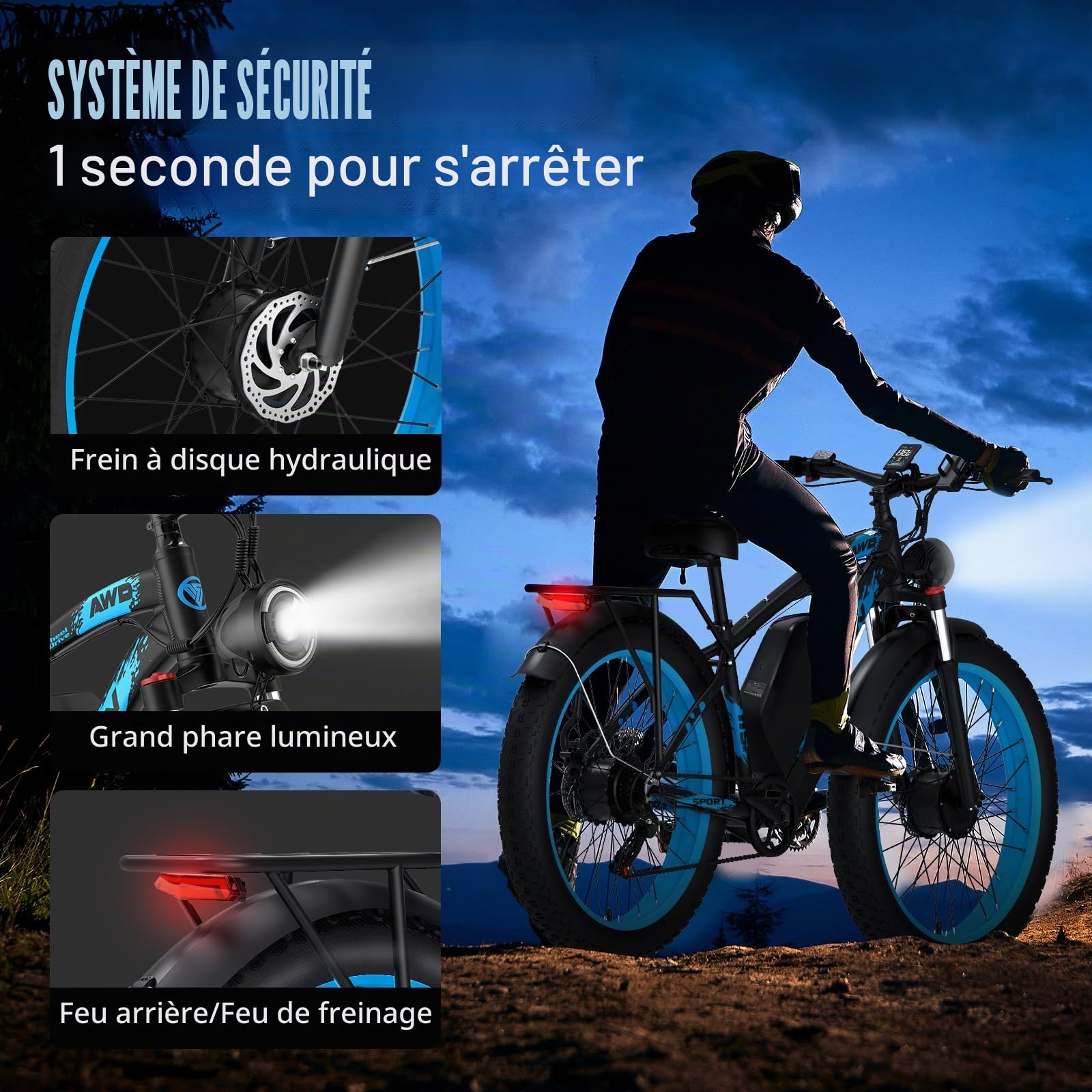 H5 Vélo Électrique pour Adultes, Vélo Électrique à Double Moteur, Batterie 52V 25Ah, Ebike à Pneus Gras 24" x 4", 7 Vitesses, AWD pour Tout-Terrain, Route, Pendulaires