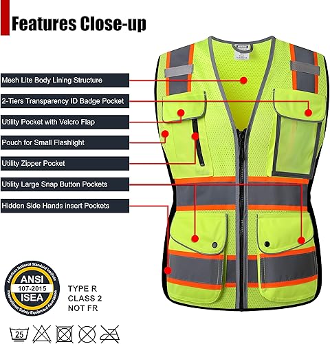 Miniatura 7 de Chalecos de seguridad de malla de pavo real con reflejo de alta visibilidad con 8 bolsillos y cremallera frontal, chaleco de seguridad de alta