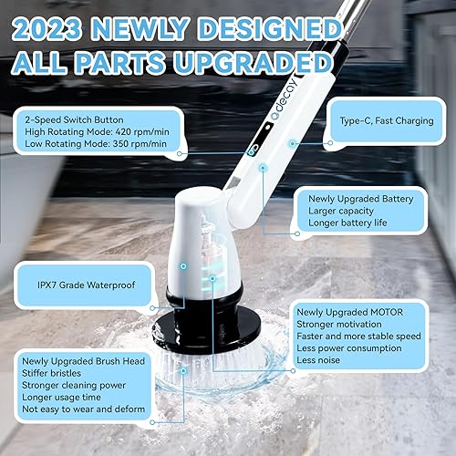 Miniatura 3 de Fregador eléctrico giratorio, limpiador de ducha inalámbrico con mango de extensión ajustable y 7 cabezales de cepillo reemplazables, 2 velocidades