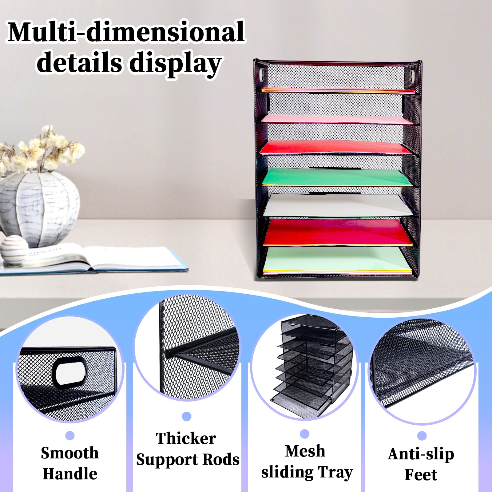 HMXLJJY 7 Tier Office Desk A4 Paper Letter Organiser Tray with Handle,Mesh Desk Organiser Letter Tray,Desktop Filing Document Trays Holders,File Storage Rack for A4 File Folder - Image 3