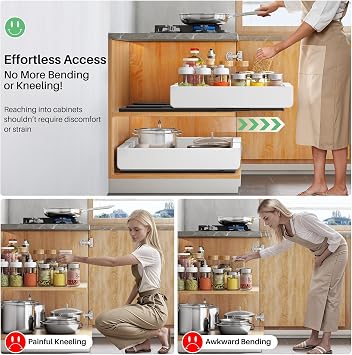 Kitstorack Pull out Cabinet Organizer, Expandable(12-20) Heavy Duty Slide out Drawers Fixed with Adhesive Nano Film for Pots, Roll out Shelf Storage for Kitchen Base Cabinet Organization(White)