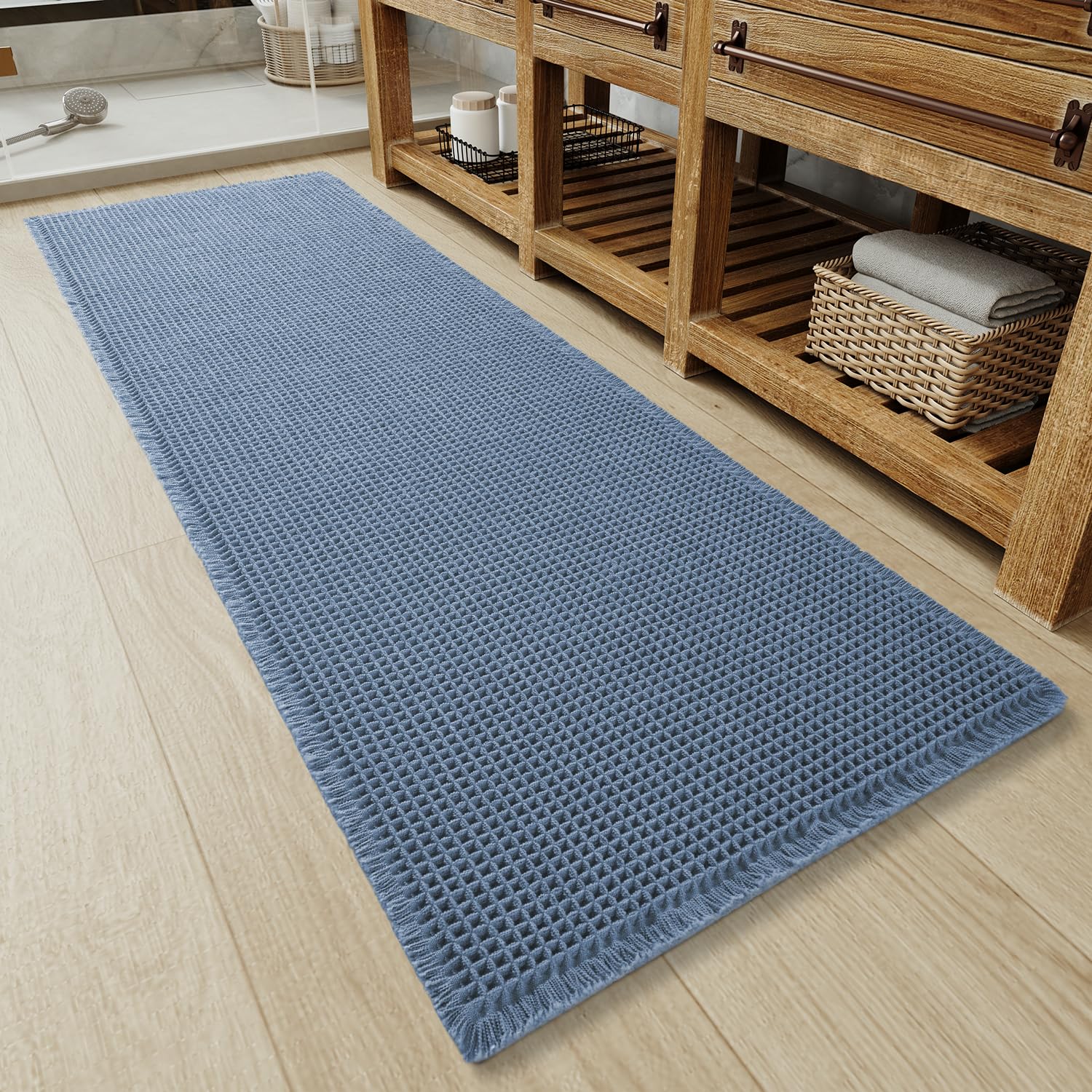 Upgraded Waffle Bath Mat Non Slip Super Absorbent Quick Dry Bath Mats for Bathroom Floor Machine Washable Bathroom Mat Ultra Soft Boho Bathroom Rugs with Tassels Beside Tub, 17" x 24", Brown — view 25