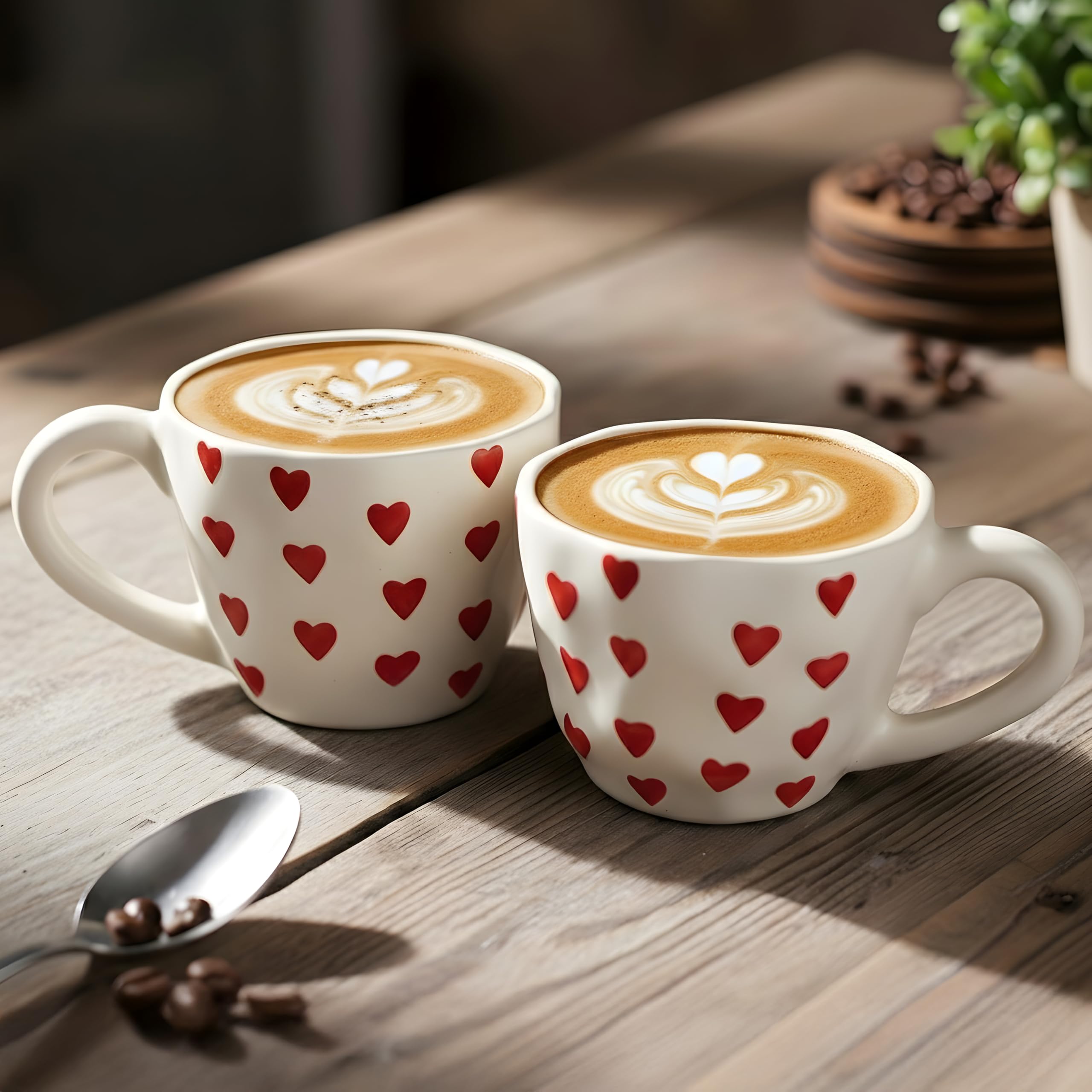 Ceramic Coffee Mug with Red Hearts Pattern, White (Standard, 2, Count) | Aesthetic Tea Cup | Cups Ceramic Heart, 250 Ml | Coffee Cups & Mugs