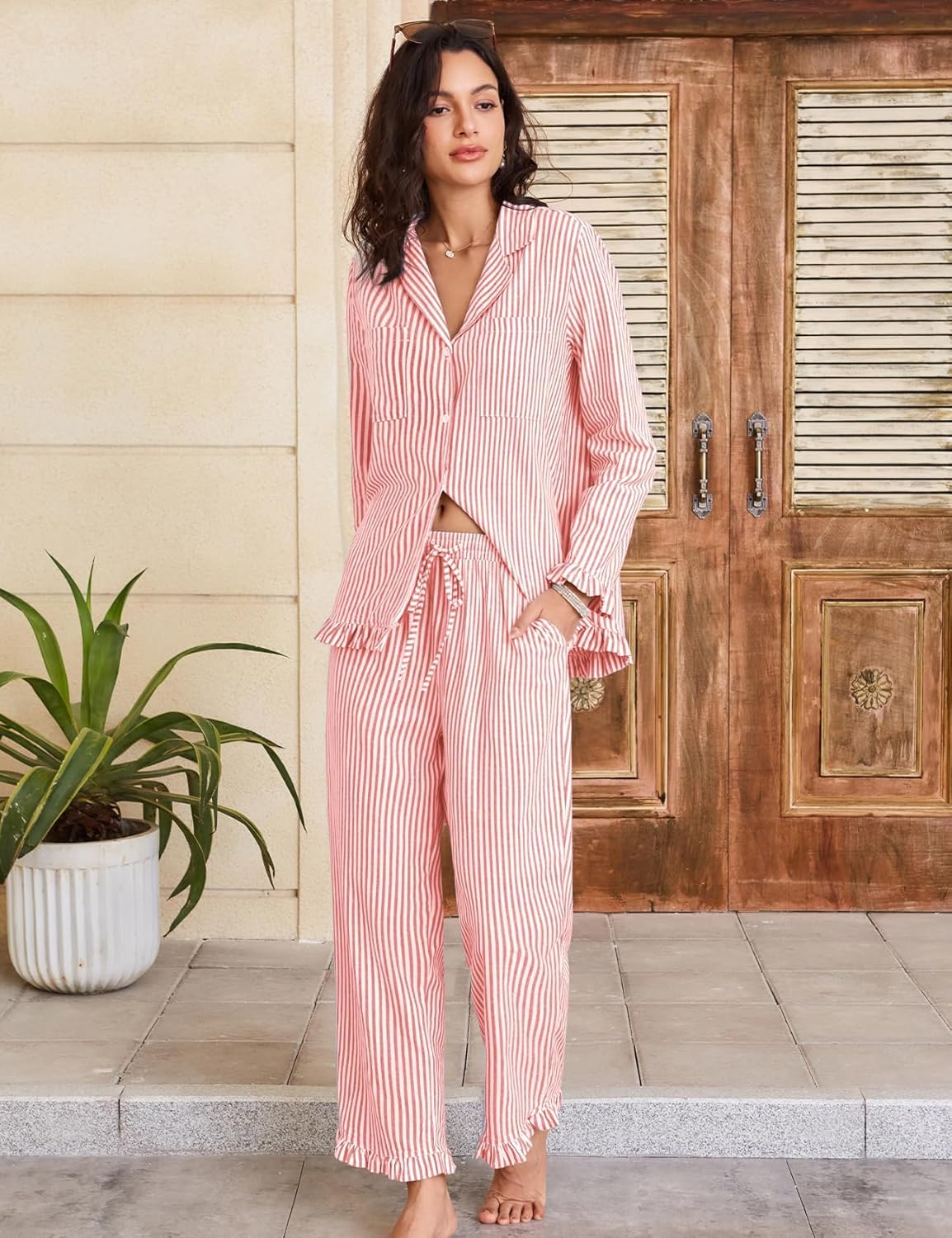 Flygo Womens Striped Pajama Sets 2 Piece Cotton Lounge Sets Button Down Top Straight Leg Pants with Pockets Y2K Pjs Sleepwear - Image 3